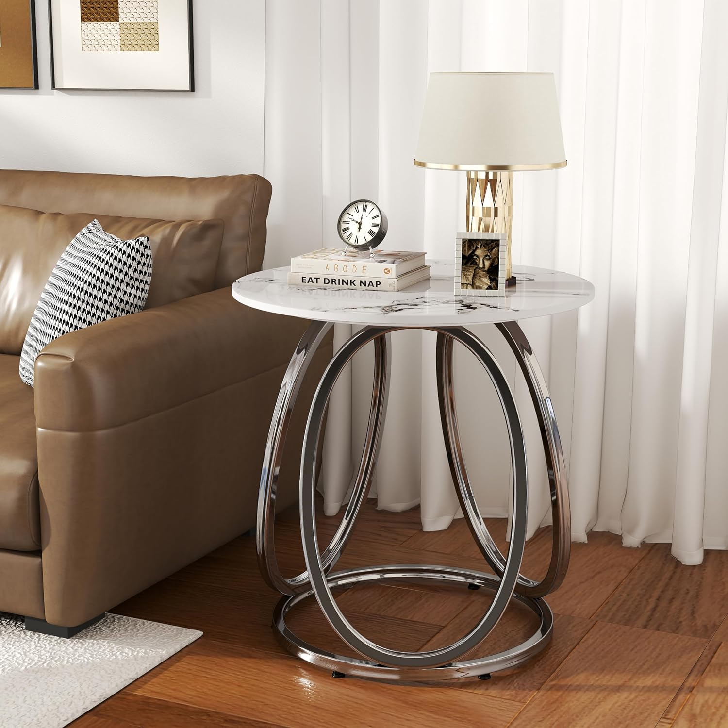 O&K FURNITURE Round End Table with Marbling Stone, Small Silver Side Table for Small Spaces, Nightstand with Shelf for Living Room, Bedroom, Office,Chrome Finish, 1 PC
