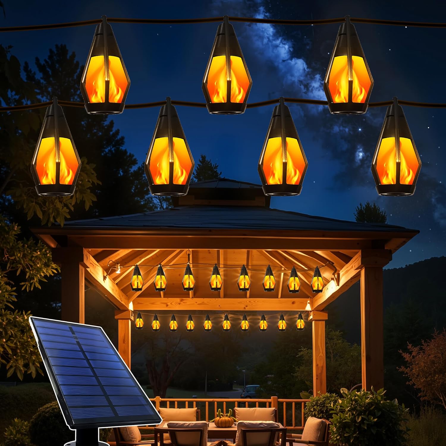 Solar String Lights Outdoor, 42Ft Patio Lights with 15 Flickering Flame Light Bulbs,Waterproof Warm White Outdoor Solar String Lights for Outside Garden Backyard Patio Gazebo Party Decoration