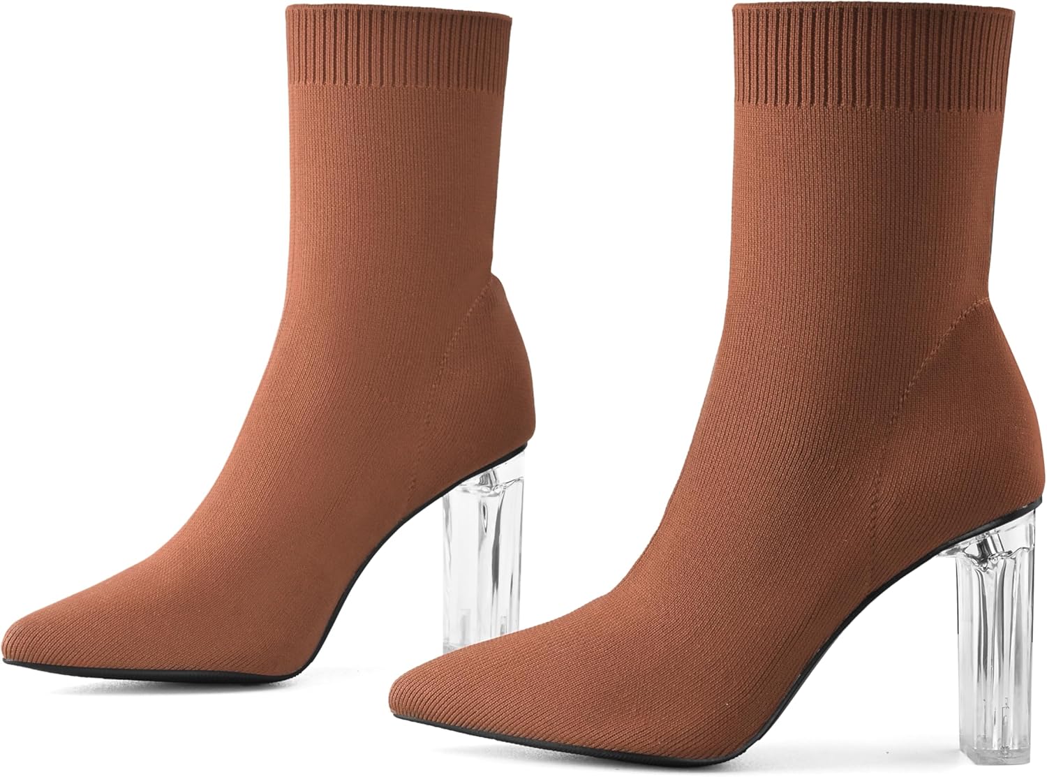 Shoe'N Tale Women's Knit Sock Ankle Boots Pointed Toe Clear Mid Heel Slip-on Stretch Booties Shoes
