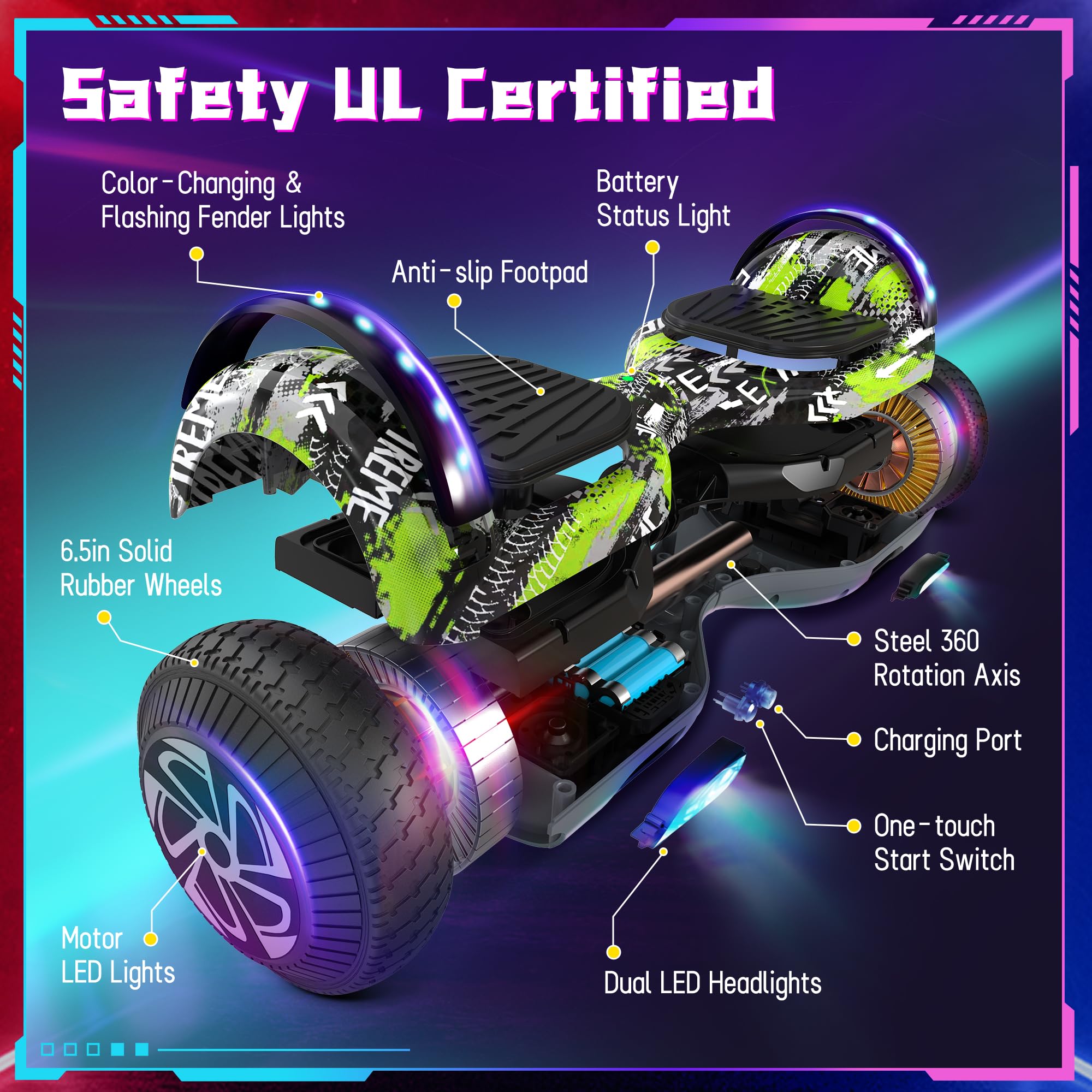 SISIGAD Self-balancing Hoverboard Bluetooth Coloured LED Lights Gifts for Children