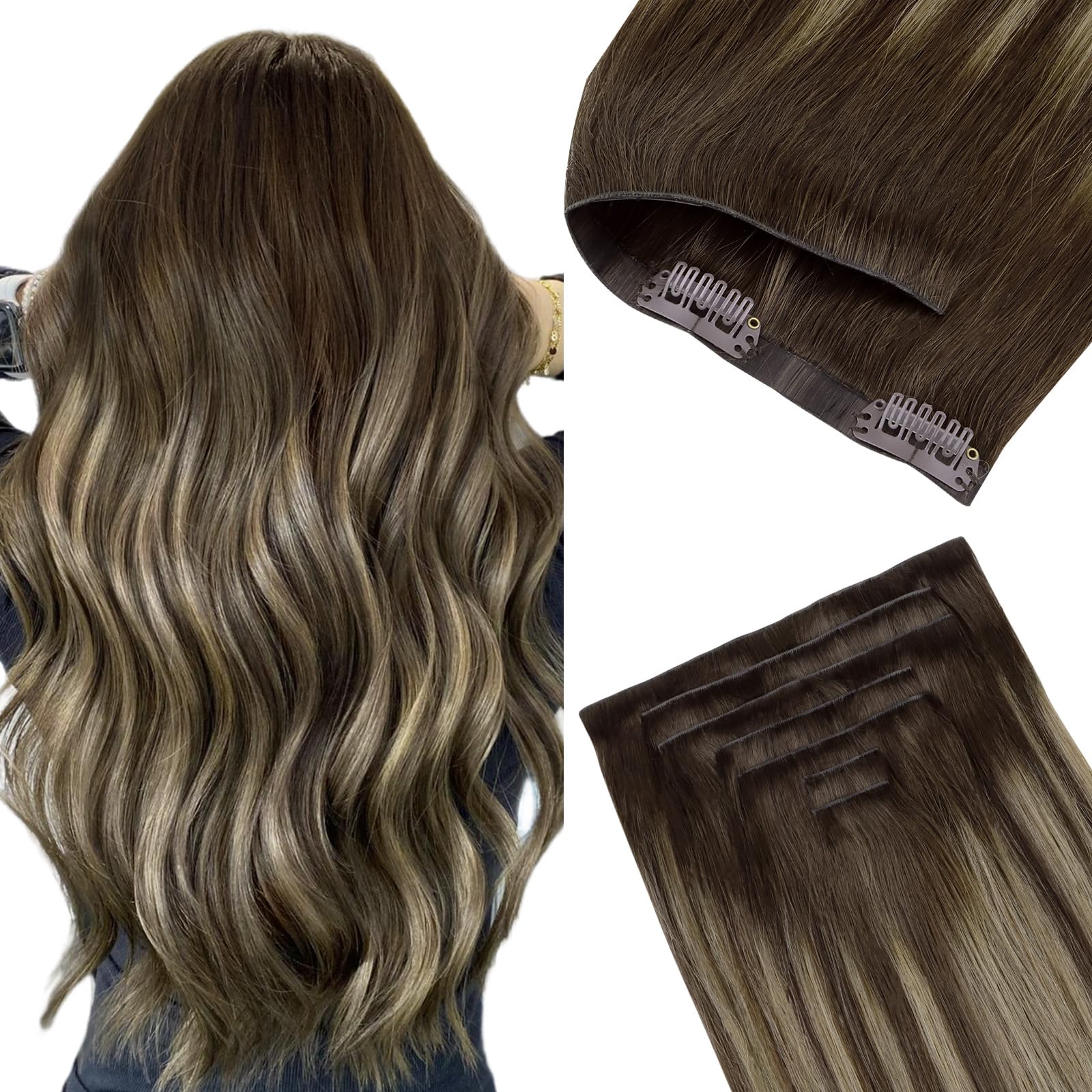 GOO GOO Invisi Edge Clip in Hair Extensions 20inch 150g 7Pcs Injected Seamless PU Clip in Hair Extensions, Virgin Real Human Hair, 4/26/4 Balayage