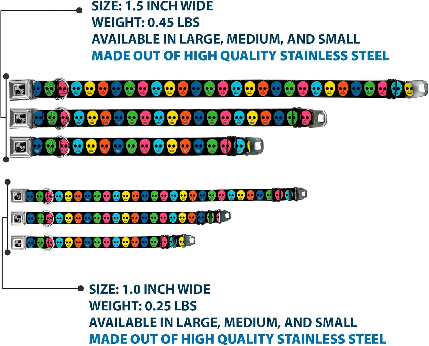 Dog Collar Seatbelt Buckle Skulls Black Multi Color 15 to 26 Inches 1.0 Inch Wide