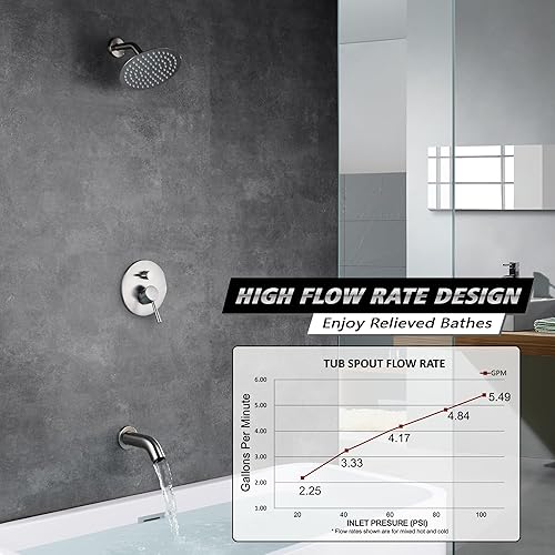 Miniatura 3 de sumerain Grifo de bañera y ducha con válvula áspera, grifo de ducha de níquel cepillado con boquilla de bañera, cabezal de ducha de lluvia de 8