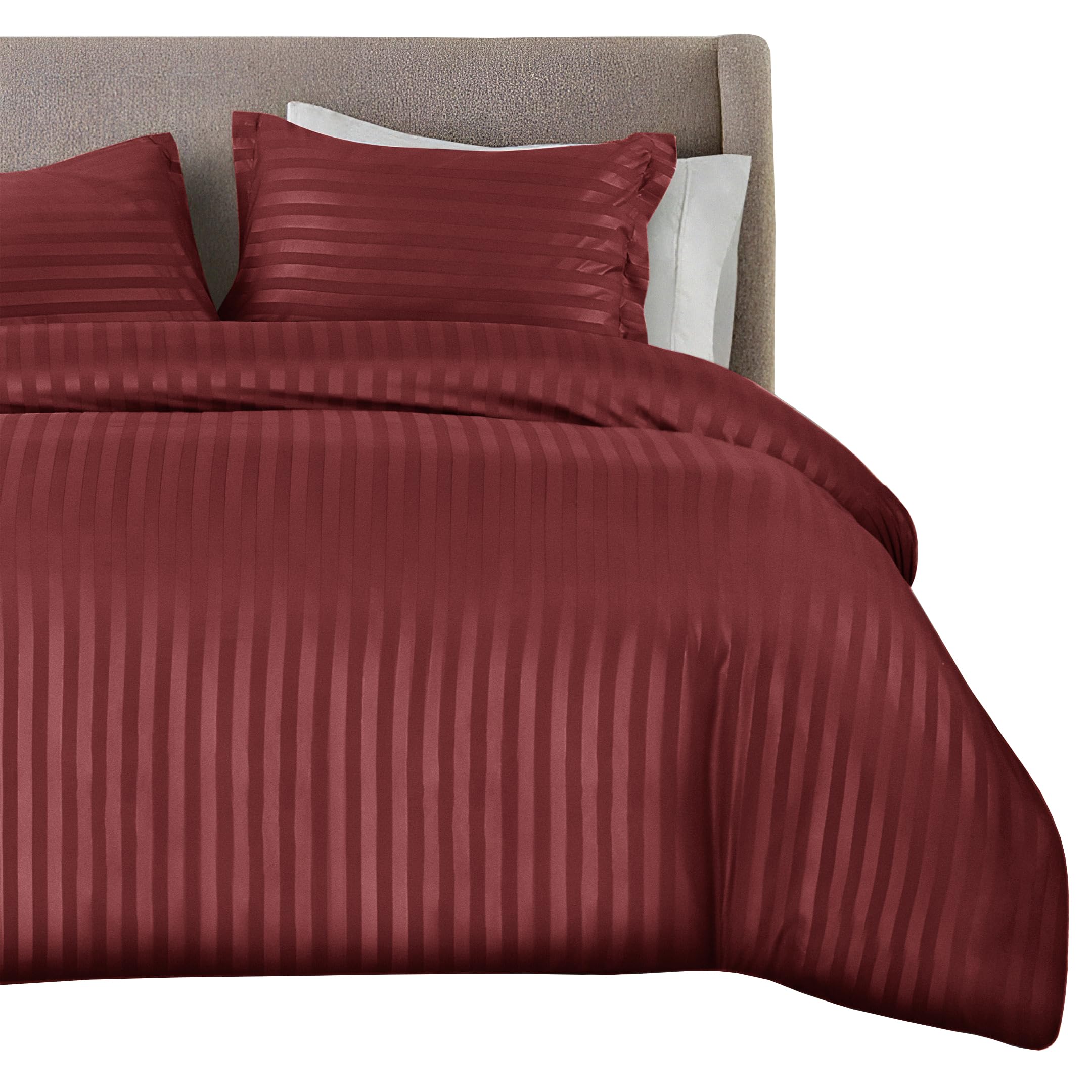 Qatan Burgundy Premium Hotel Quality Satin Stripe Duvet Cover Set With Pillowcases | Reversible Hypoallergenic Soft Quilt Bedding | Easy Care Breathable Luxury Linen (, Double)