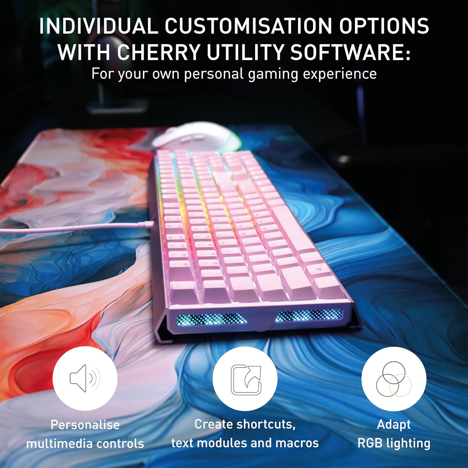 CHERRY XTRFY MX 3.1, Wired Mechanical Gaming Keyboard, Durable Aluminum Housing, RGB Lighting, Integrated Damping Mechanisms, USB-A, MX2A Brown Switches, Pink