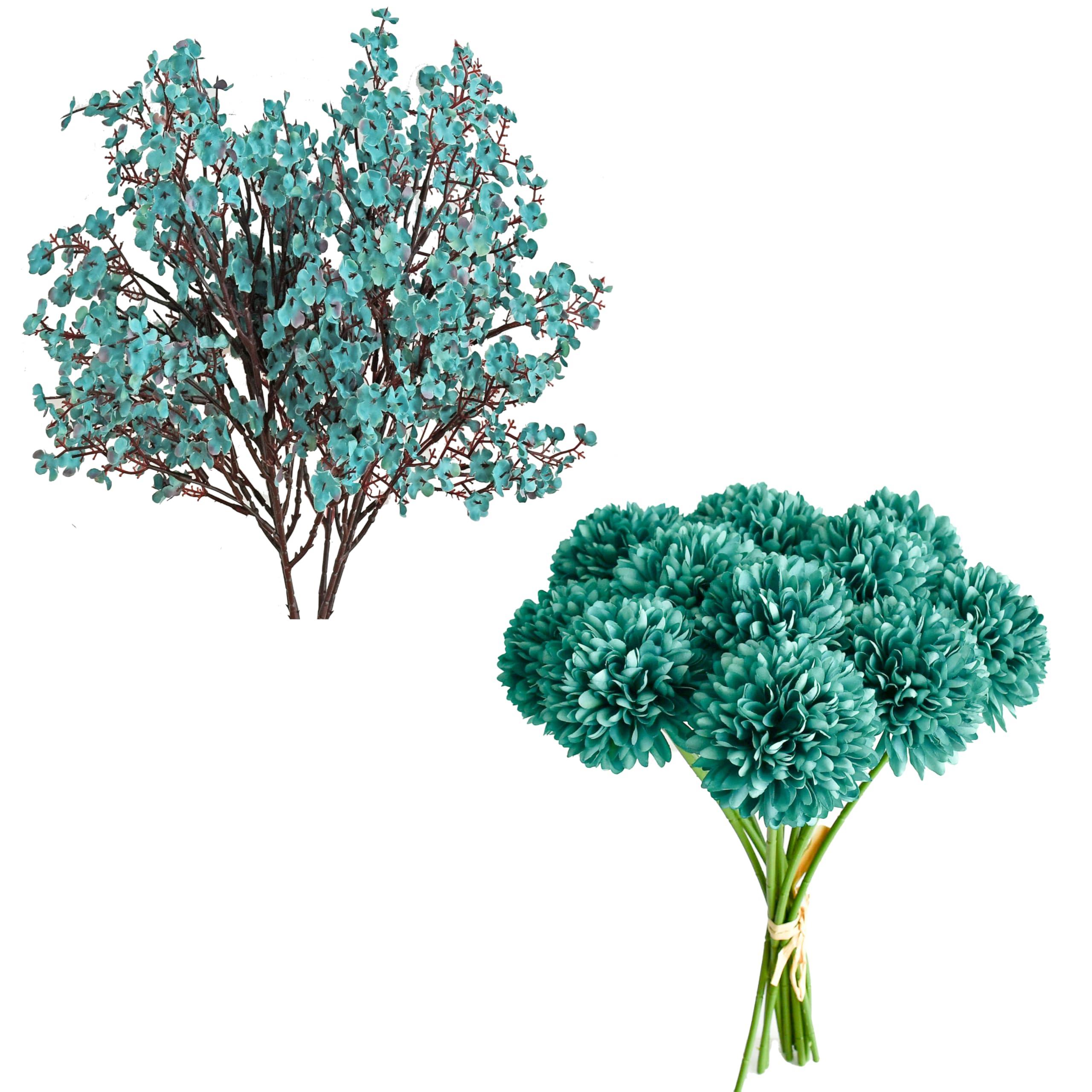 Mandy's 6pcs Silk Peacock Baby's Breath 12pcs Silk Teal Chrysanthemum Ball Flowers