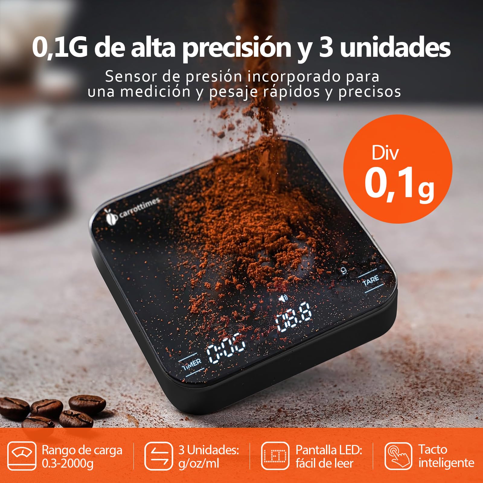 4 Modos Mini Bascula Cafe Recargable con Temporizador, 2kg/0.1g Bascula de Precision para Espresso, Coffee Scale Portátil con para Espresso y Café Servido (Negra)