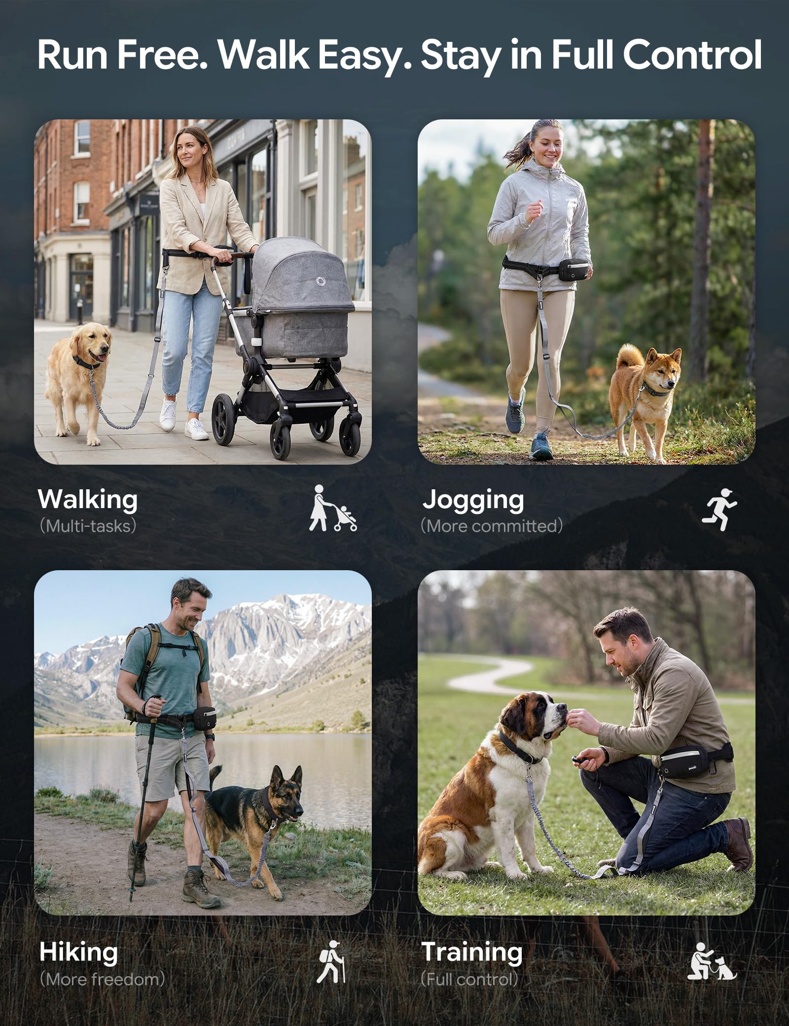 Pecute Correa Perro Cintura Antitirones, Correas Manos Libres con Bolsillo Impermeable & Desmontable, Doble Asa, Cuerda Elástica Amortiguadora, Adecuado para Correr, Caminar y Entrenar, para 15-55kg