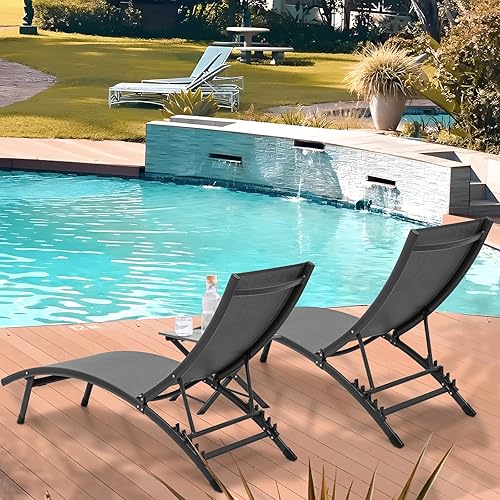 Miniatura 2 de MoNiBloom Juego de 3 sillas de salón para exteriores, plegables, ajustables, color gris, reclinables, con mesa auxiliar, transpirable, para todo