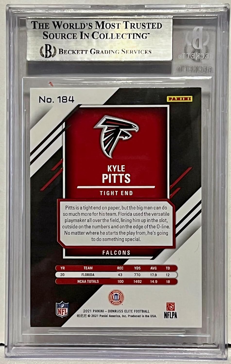 Kyle Pitts Beckett Graded NM-MT 8 Serial Numbered #804/999 Red Parallel Rookie Card Collectible Football Card - 2021 Panini Elite Football Card #184 (Falcons)