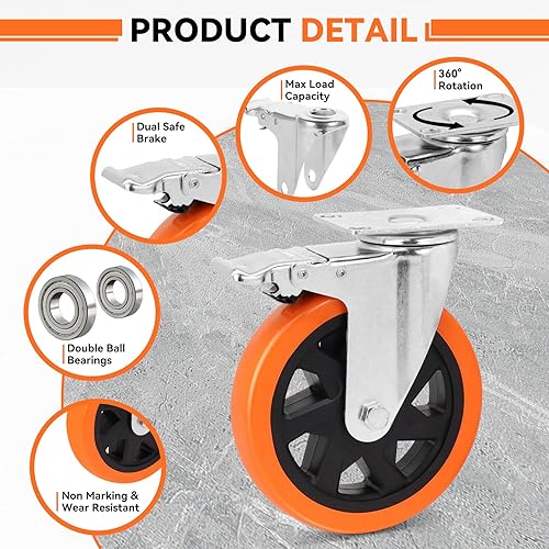 Miniatura 4 de W B D WEIBIDA Ruedas giratorias de 6 pulgadas con doble bloqueo, juego de 4 ruedas resistentes de 2400 libras, ruedas de poliuretano premium sin