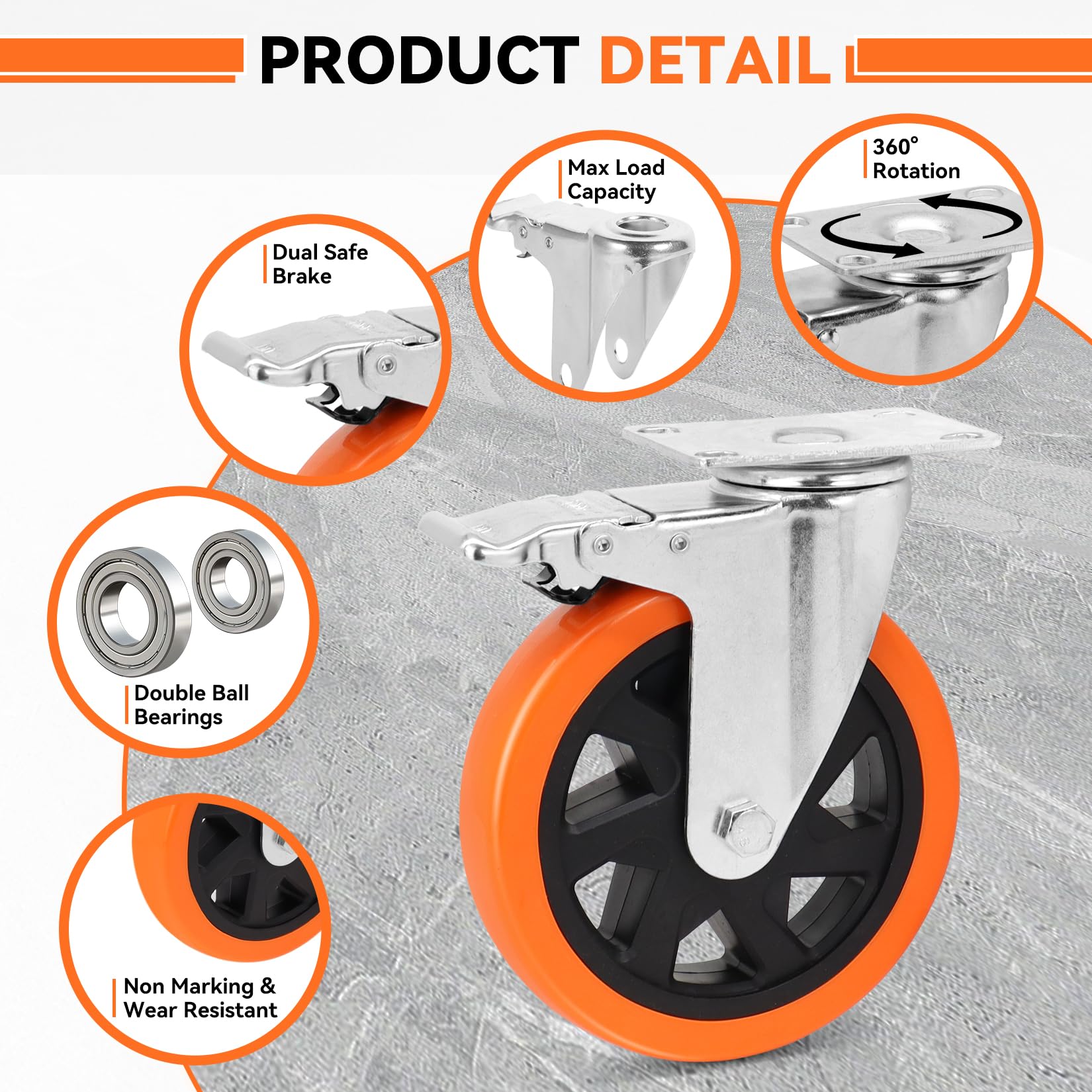 W B D WEIBIDA Set di 4 ruote girevoli da 15,2 cm con doppia chiusura, resistenti da 1088,6 kg, in poliuretano di alta qualità, senza rumore, per carrelli, banchi da lavoro e mobili