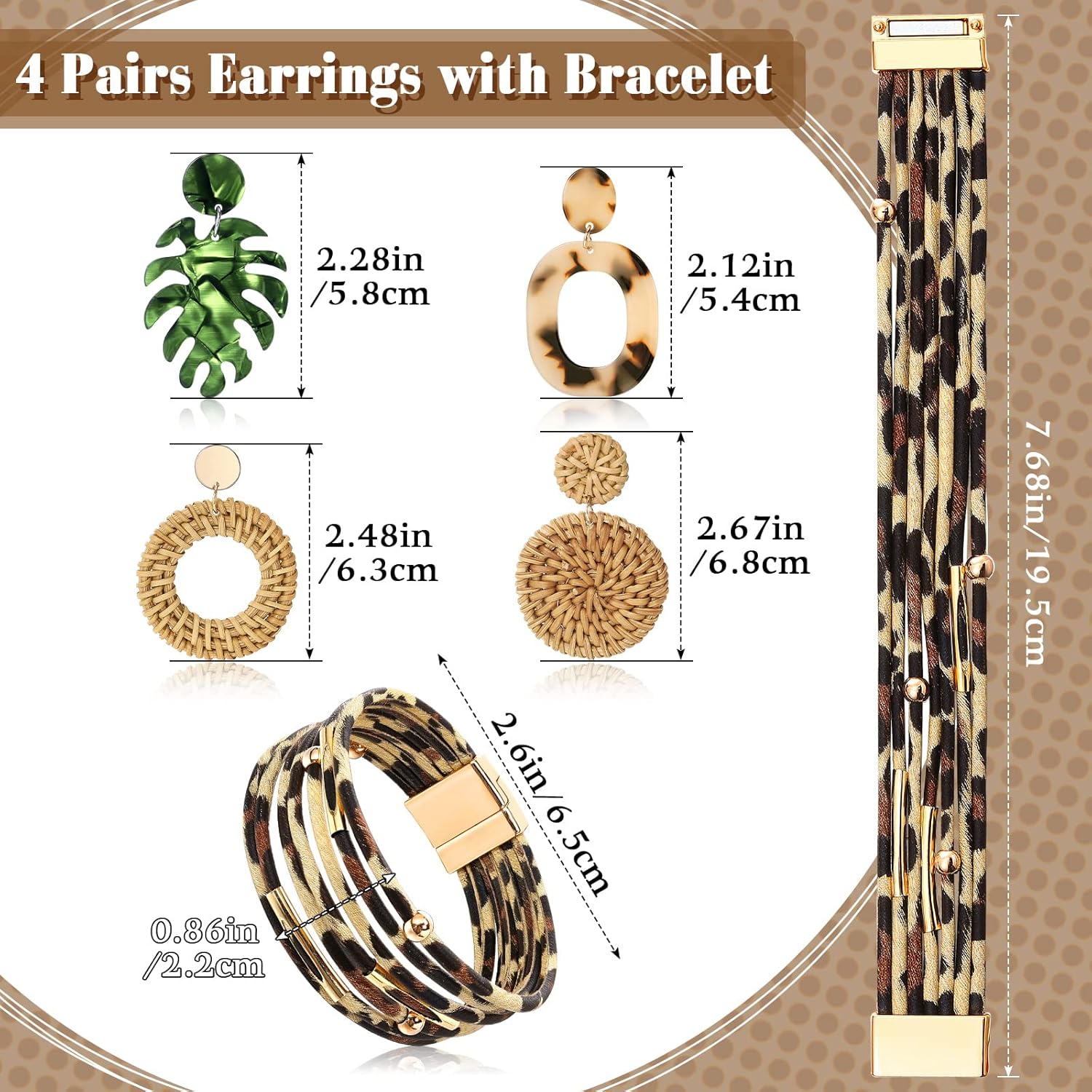 Vacation Purse Set Boho Straw Shoulder Bag Women Crossbody Beach Purse with 4 Rattan Tropical Earrings Leopard Bracelet - Image 4
