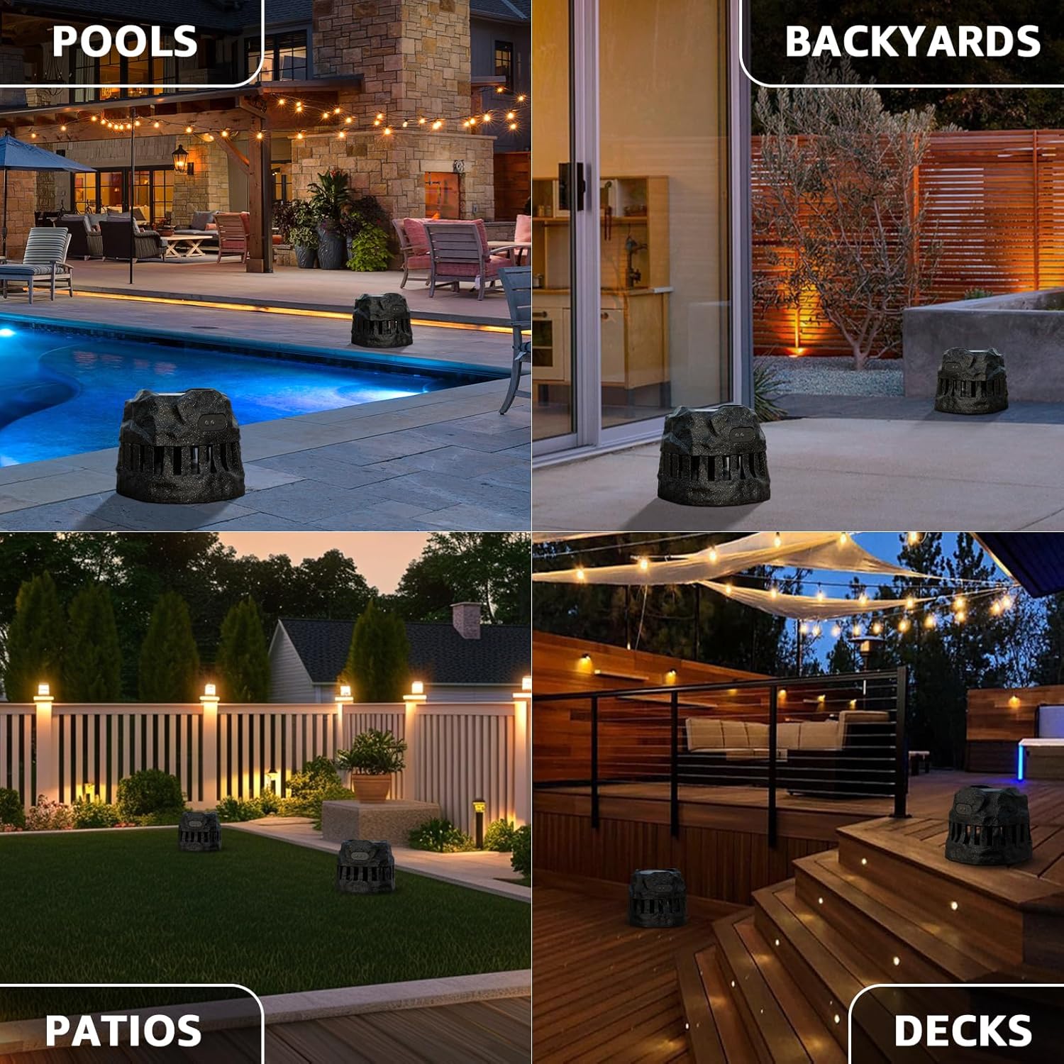 2-Pack Solar Powered Rock Speakers Waterproof Patio TWS Pair, 2 in 1 Charging, Rechargeable Outdoor Rock Speaker, IP44 for Pool Party Yard Outside Garden(Black)