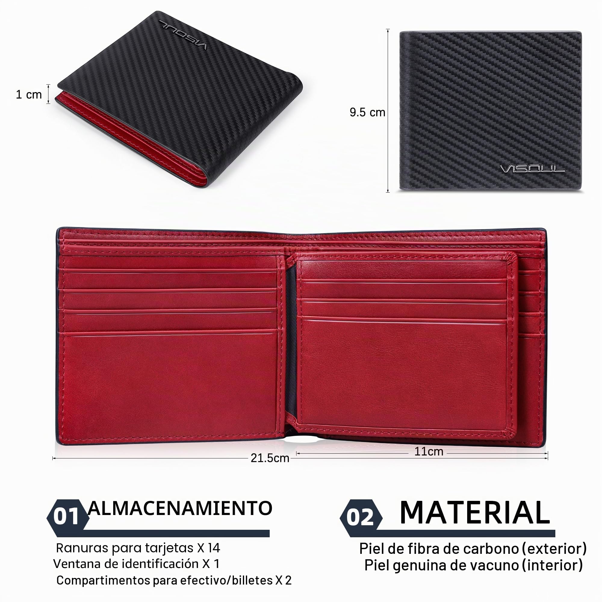 VISOUL Hombre de Fibra de Carbono de Cuero Billeteras Bifold con Bloqueo RFID, Cuero Genuino Cartera con 1 Ventana de ID, 2 Bolsillos para Billetes y 14 Ranuras para Tarjetas(Carbono Negro+Rojo)