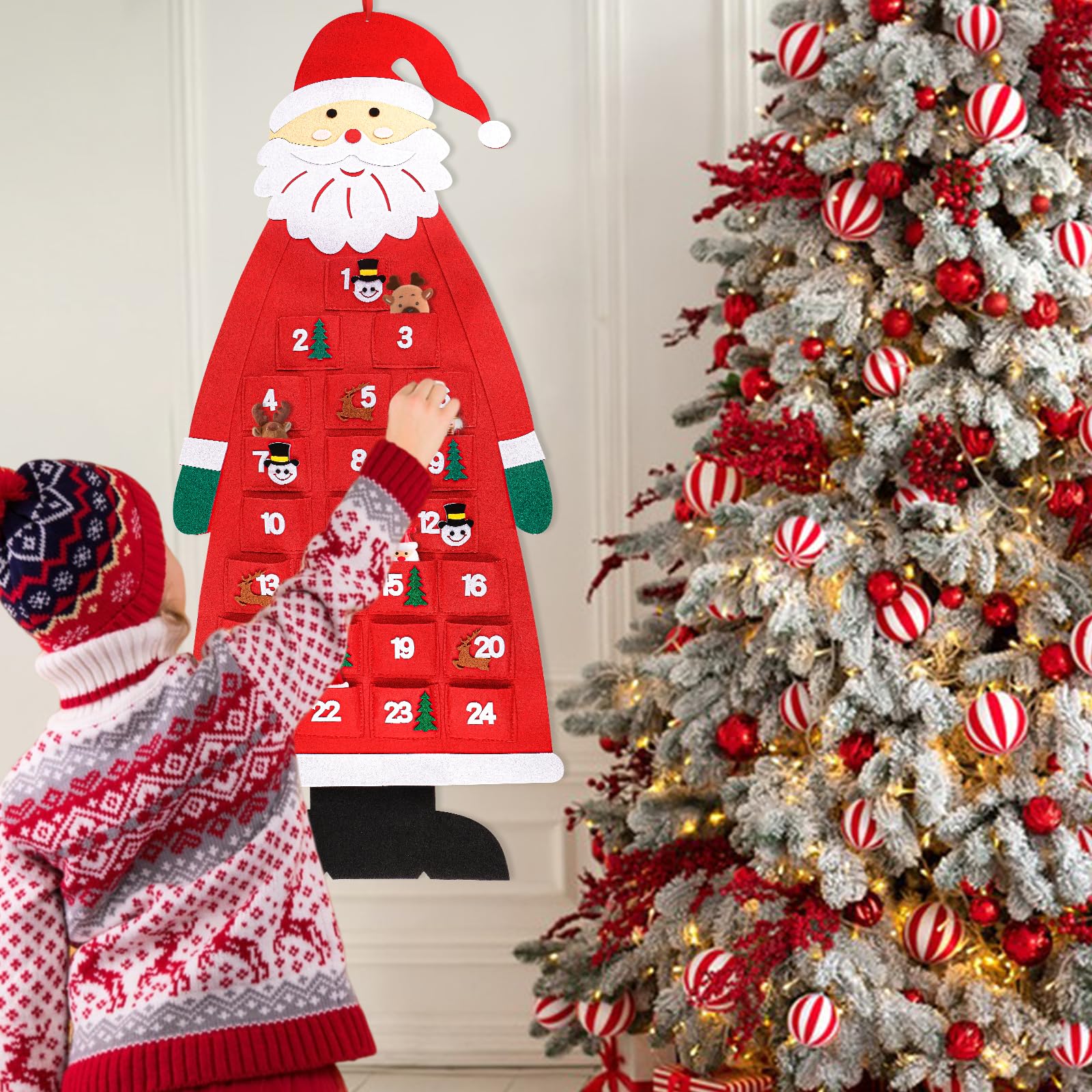 Calendario Dell'Avvento In Feltro Con Babbo Natale - 24 Tasche, Riutilizzabile, Decorazione Natalizia - Foto 3