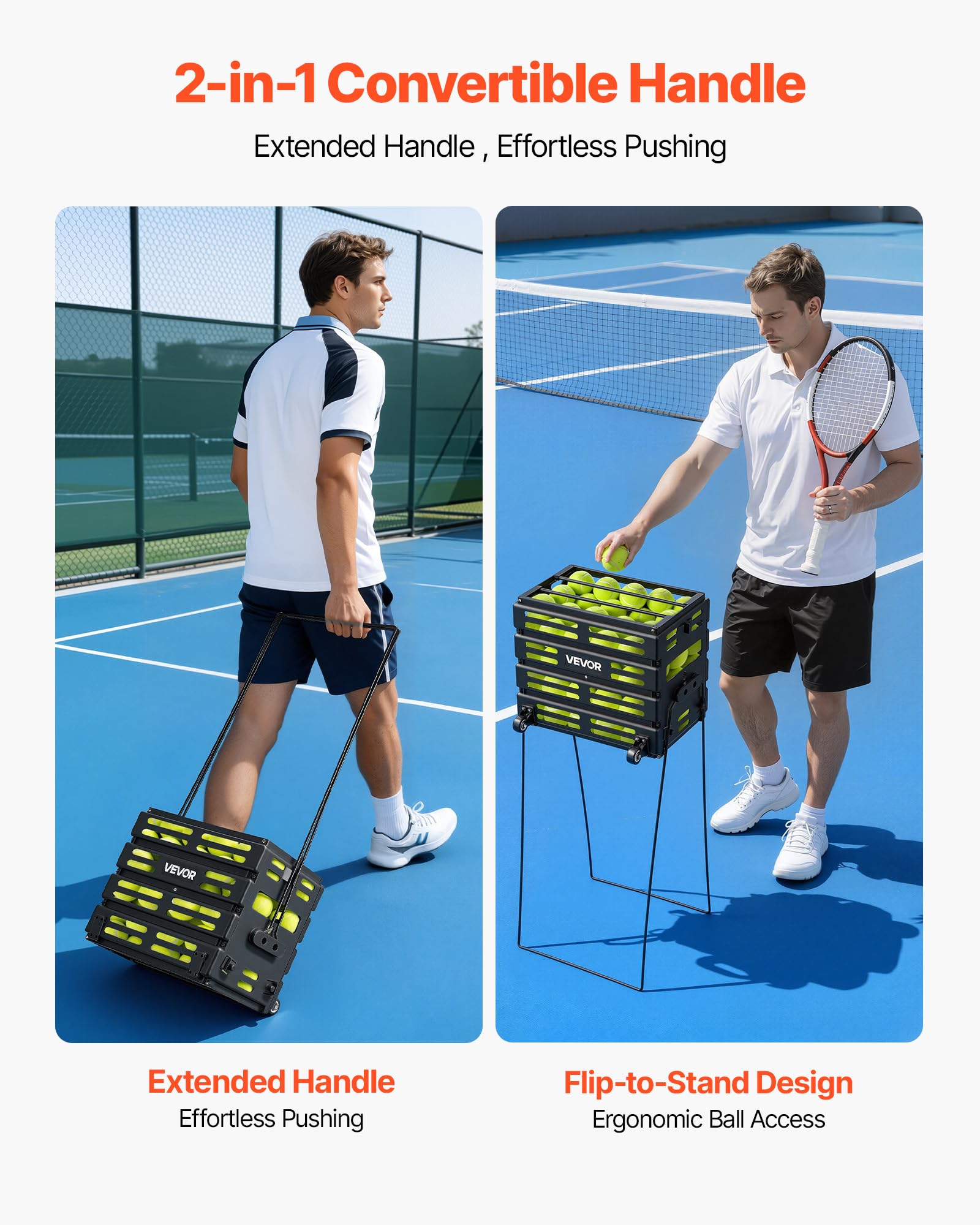 VEVOR Panier à Balles de Tennis, Capacité de 80 Balles, Panier Ramasse-Balles Portable avec roulettes, Chariot de Rangement pour Entraînement et Transport de Tennis et Pickleball, Poignée Convertible