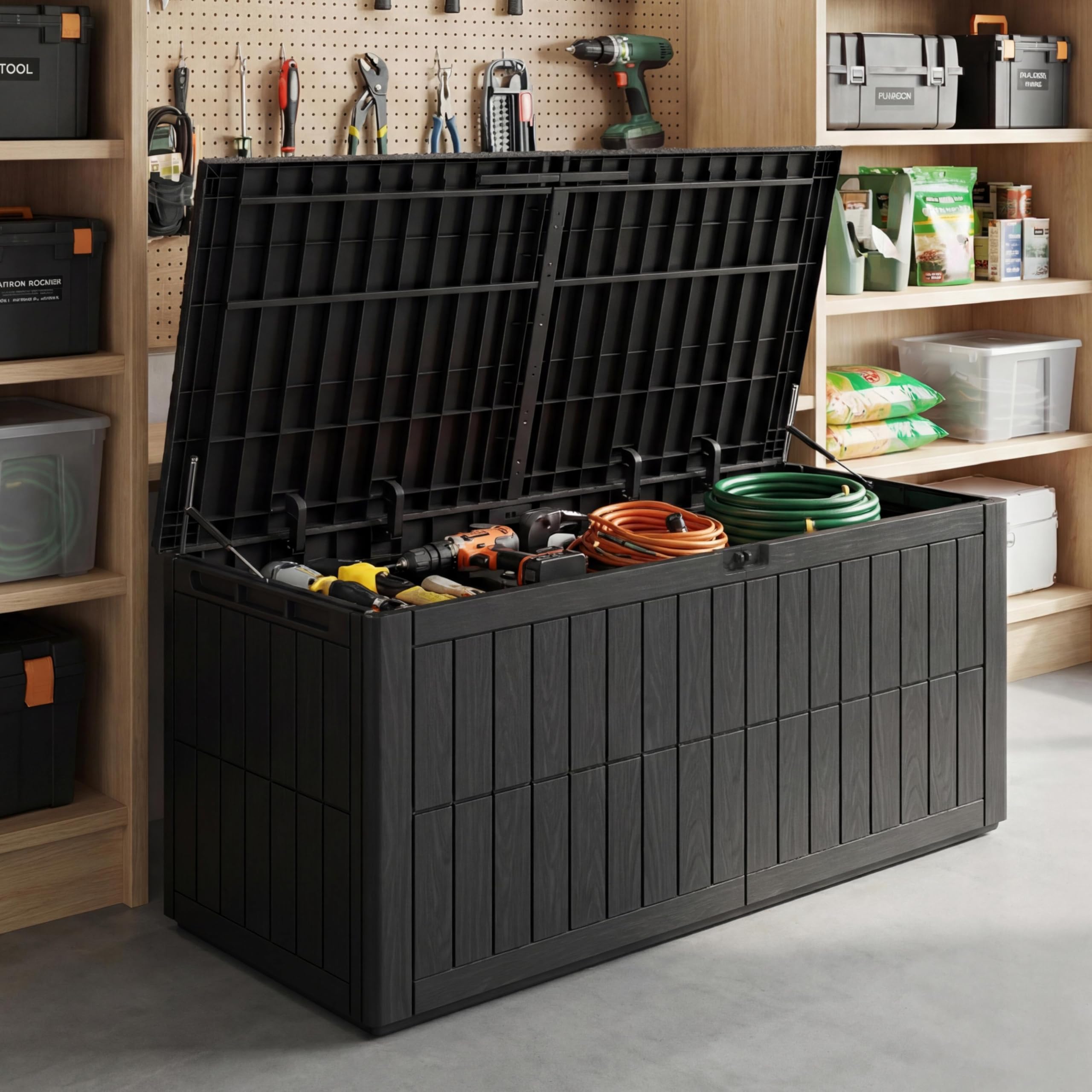 UDPATIO Gartenbox Wasserdicht 680 L, Vielseitige Auflagenbox Wasserdicht mit Gasdruckfeder & Griffen, Kunststoff Kissenbox Outdoor, Wetterfeste Gartentruhe für Gartenwerkzeuge & Poolzubehör, Anthrazit
