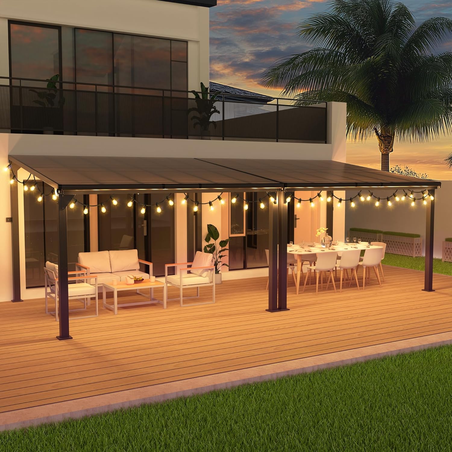 Pamapic 10 * 24FT Wall Mounted Gazebo,4*4 Inch Thickened Pillars & Enlarged Base,Outdoor Hardtop Lean to Pergola,Aluminum Frame Pergola,UV Resistant Polycarbonate Roof,Outdoor Patio Awnings for Deck