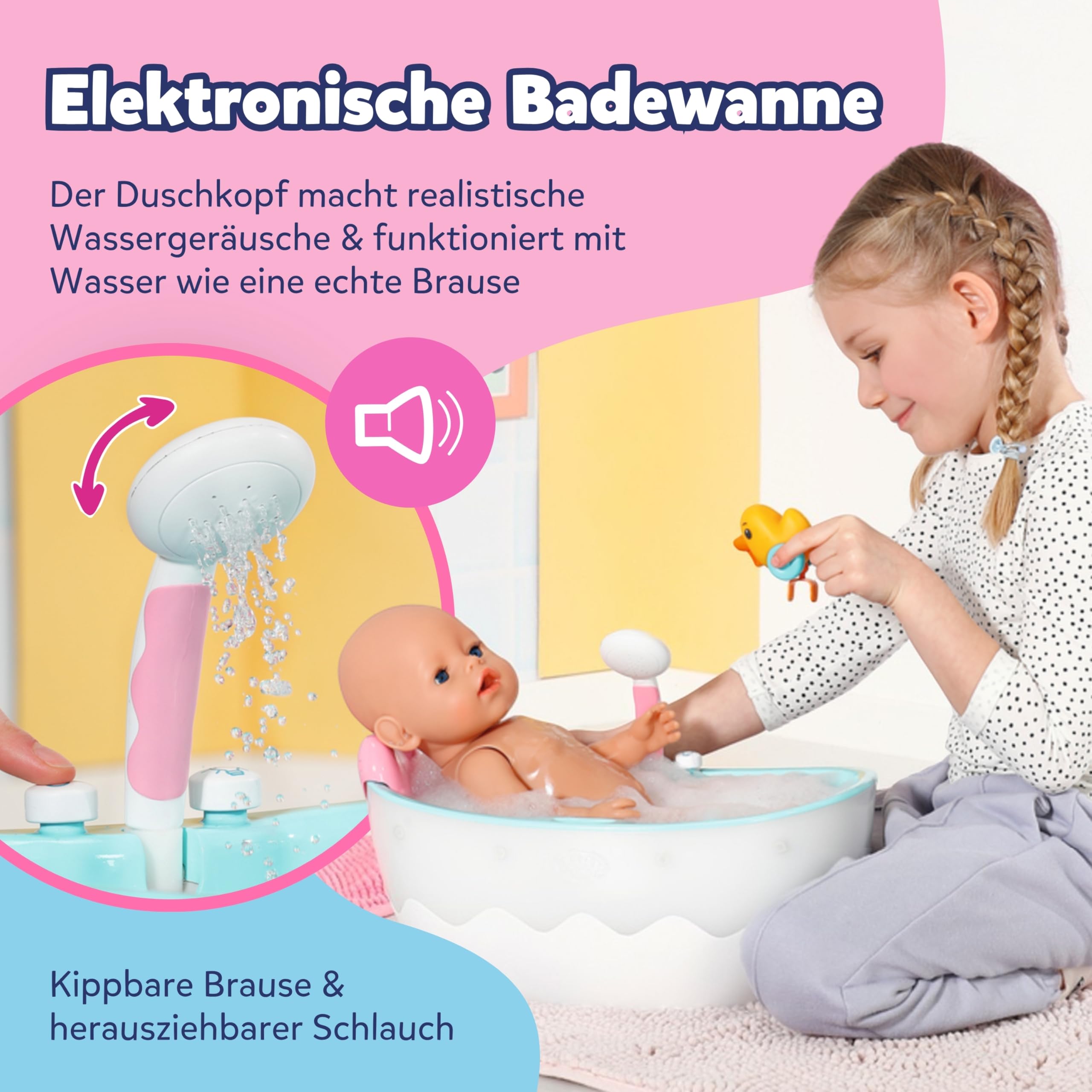 BABY born Badewanne mit Farbwechsel - Dusch-& Soundfunktion - Hochwertiges Zubehör für Puppen der Größe 36 & 43 cm - Funktioniert auch mit echtem Wasser