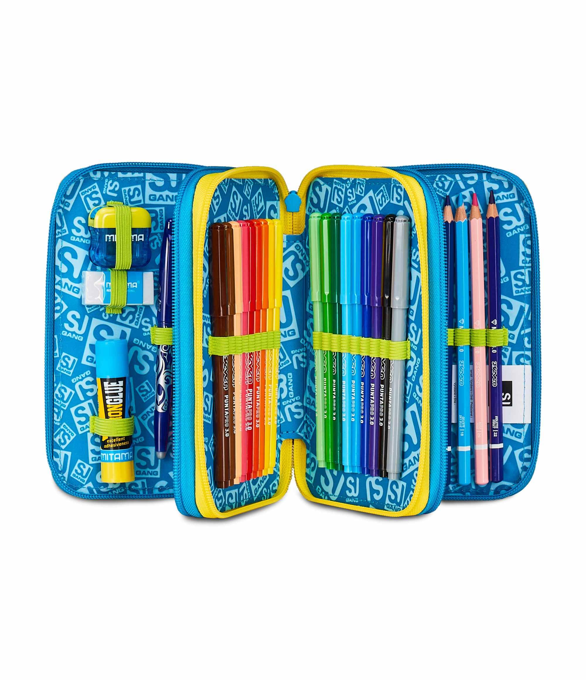 SJ GANG STYLE JAM GANG Astuccio Scuola 3 Zip,Blu e Giallo, Portapenne Triplo Scomparto Completo Di Penne, Matite, Colori, Accessori Zaino, Scuola Elementare, Bambino