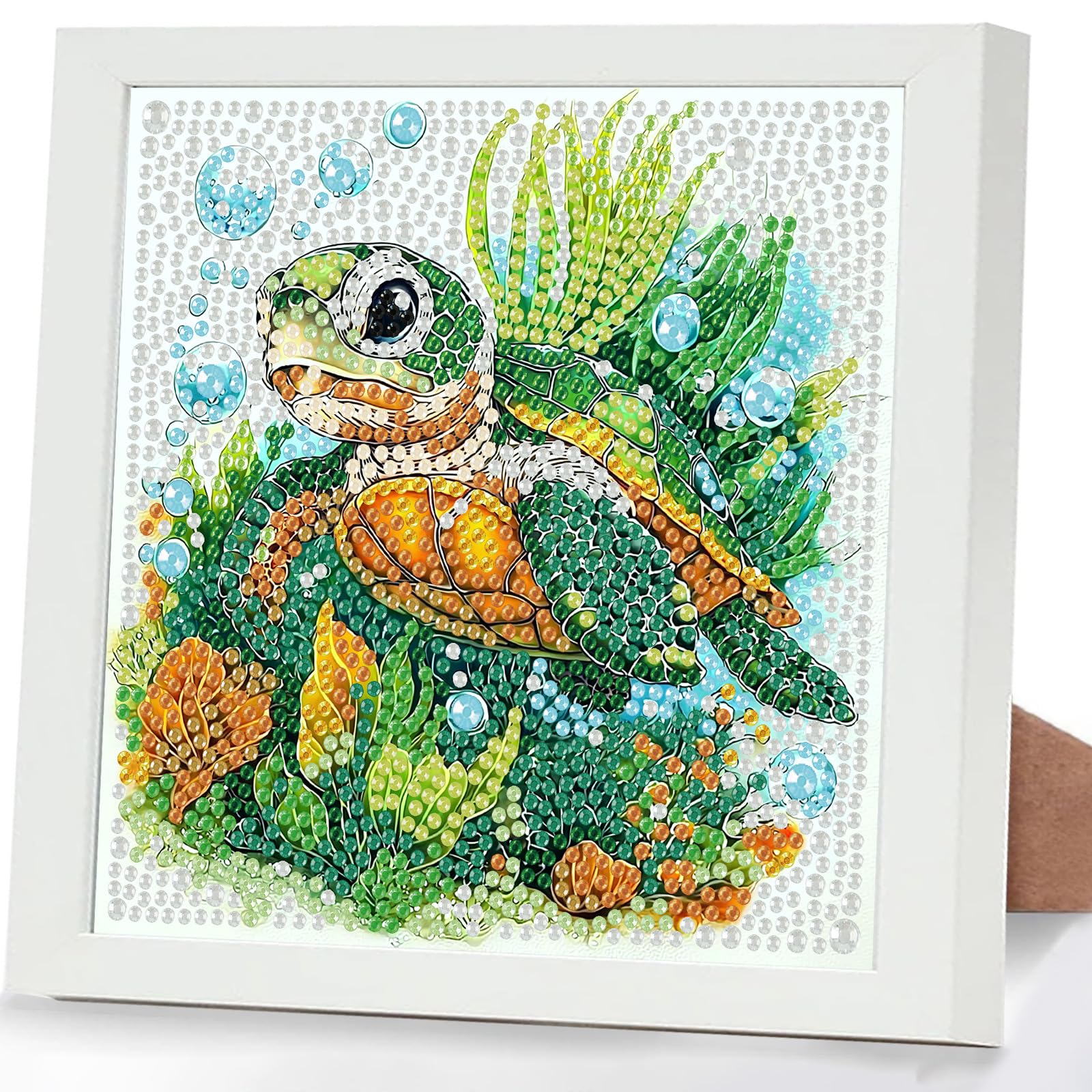 GHHKUD Animal Diamond Art Kits for Kids with Frame, Turtle 5D Diamond Painting Kit for Kids Adults, Crystal Small Diamonds Gem Art Crafts Kits Gifts for Girls Boys Children Ages 6-8-12(7x7inch)