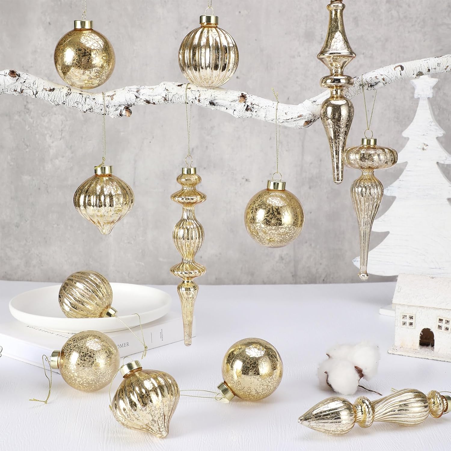 Soulchen 12 Pcs Mercury Glass Christmas Hanging Ornaments Vintage Glass Balls Finial with Different Shapes for Xmas Tree Decor Christmas Baubles for Holiday Winter Decoration (Gold)