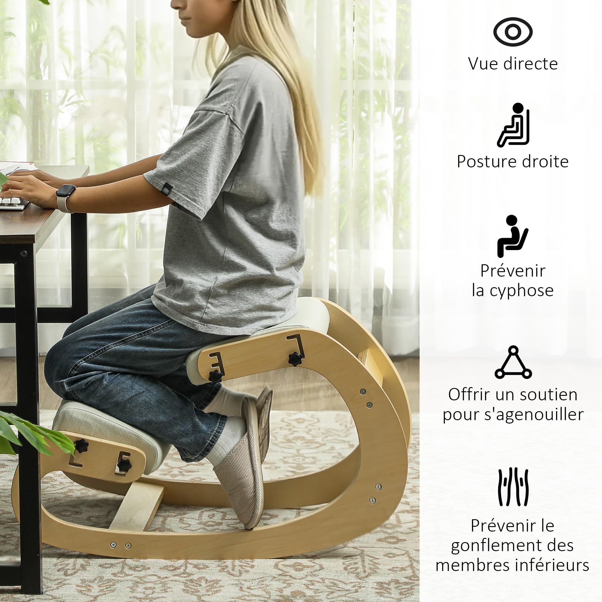 HOMCOM Siège Assis Genoux, siège Ergonomique en Bois à Bascule, Chaise à Genoux réglable pour Bureau à Domicile, améliorer la Posture, maux de Dos, crème