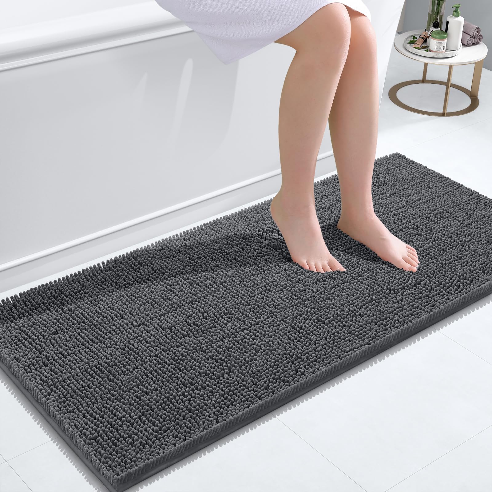 smiry Chenille Bath Mat, 60 x 120 cm, Non-Slip Super Absorbent Bathroom Mat Extra Soft Fluffy Bath Mats for Bathroom Thick Machine Washable Floor Mats Rugs Runner, Dark Grey — image 1