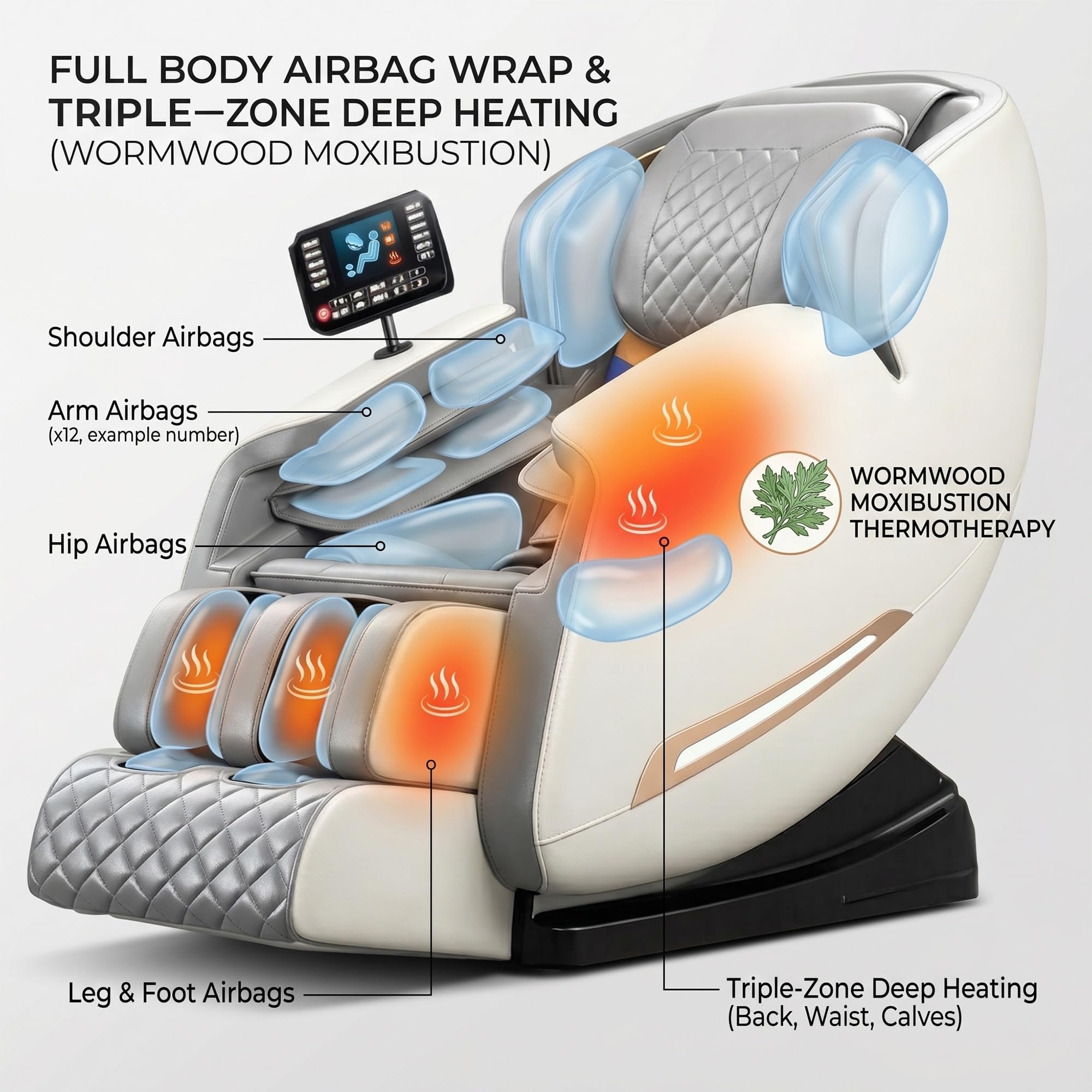 Sillón de Masaje Lujo Gravedad Cero, Riel SL 4.0 Inteligente, Masaje de Cuerpo Completo con Estiramiento Tailandés, Pantalla Táctil LCD, Calor, Bluetooth, Airbags, Sin Montaje(Bianco)
