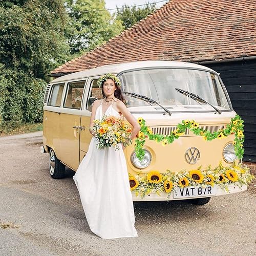 Miniatura 5 de DearHouse Paquete de 4 guirnaldas de girasoles artificiales de seda con hojas verdes, decoración de mesa de boda