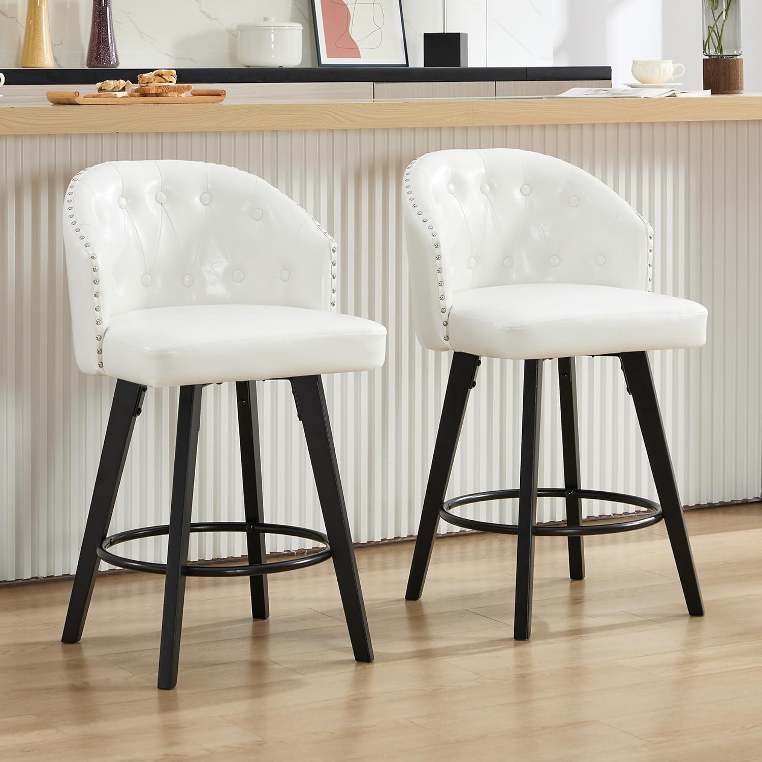 Swivel Bar Stools Set of 4, 25" Counter Height Bar Stools with Tufted Back, Upholstered Wood Bar Chairs with Faux Leather Seat, Modern Counter Stool for Kitchen Island Home Bar, Green