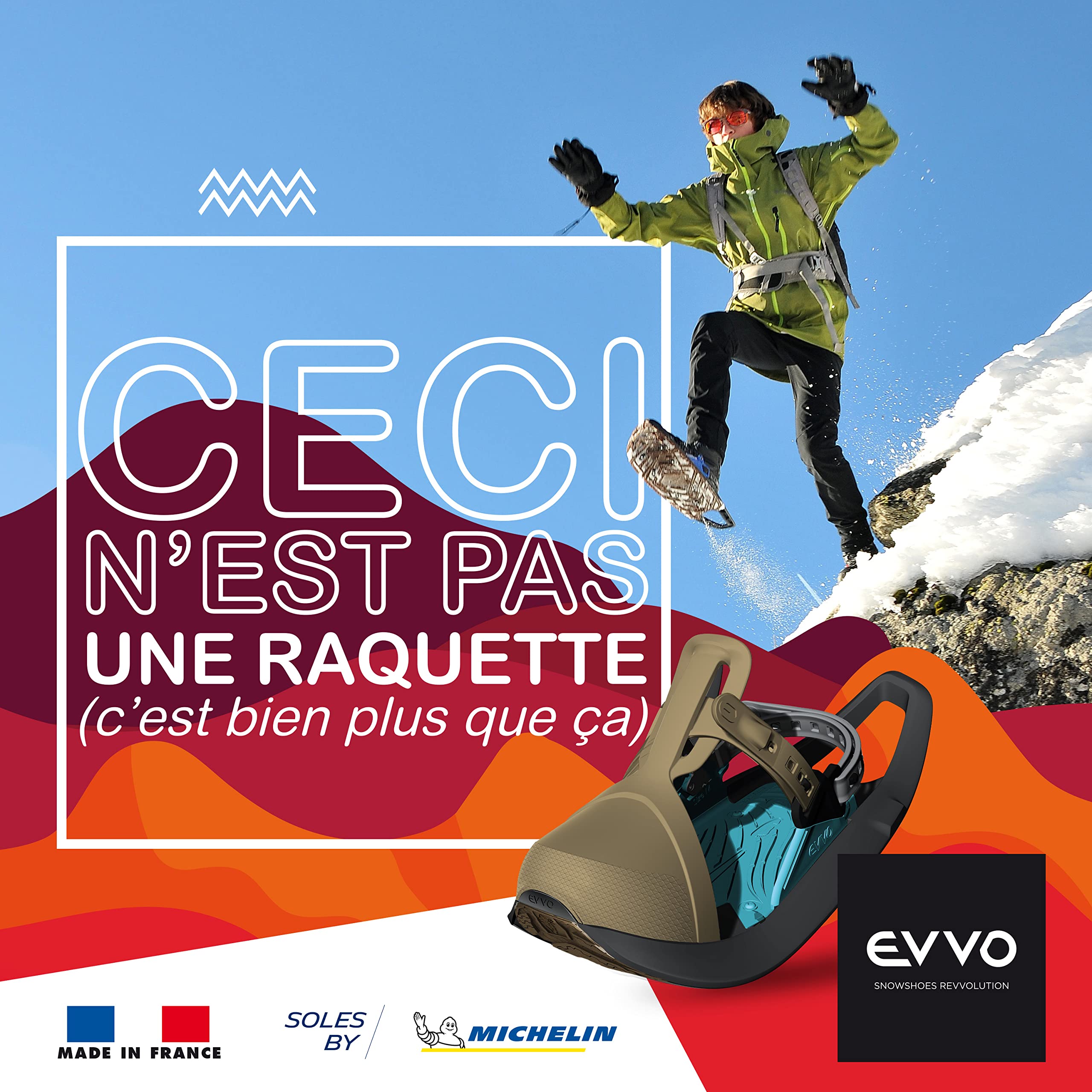 EVVO - TOREE - Raquette à Neige Made in France avec Semelles Biosourced90® Cloutées Michelin®, Fixations Réglables, pour Homme et Femme avec Sac de Transport Inclus, Tout Terrain, Randonnée Neige
