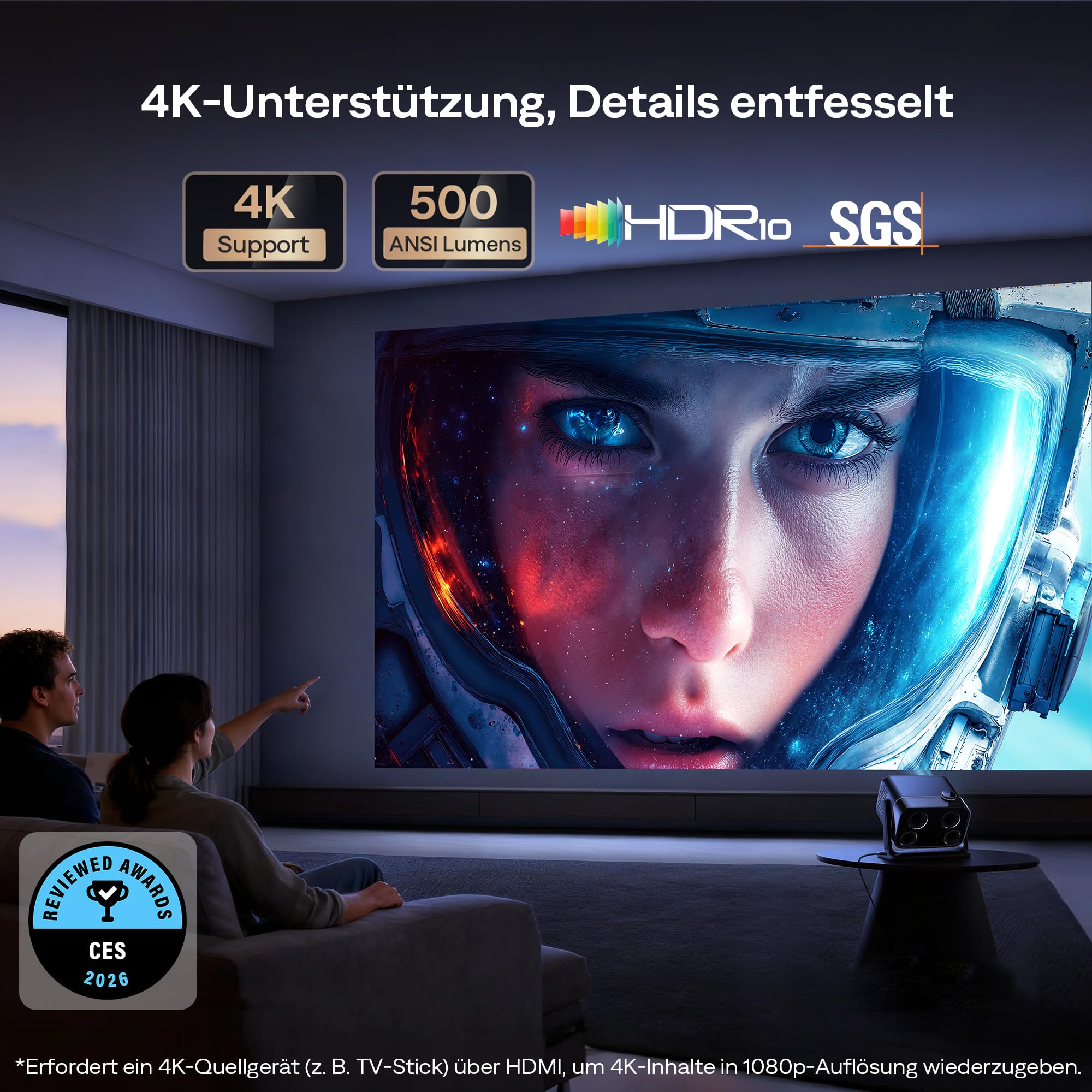 Aurzen Boom Mini 4-in-1 Smart Beamer mit Google TV, 4K Unterstützt Heimkino & Outdoor Projektor, 20W DoIby Audio, 500 ANSI Projector, ToF Autofokus & Trapezkorrektur, WLAN/Bluetooth/Handy (Schwarz)