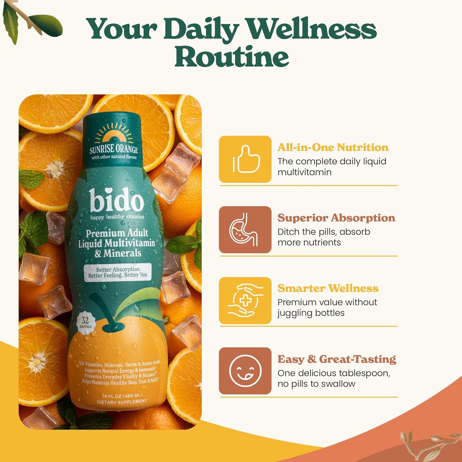 Bido Adult Liquid Multivitamin & Minerals for Women and Men | 60+ Nutrients for Energy, Immunity, Mood | Orange Flavor, 32 Servings