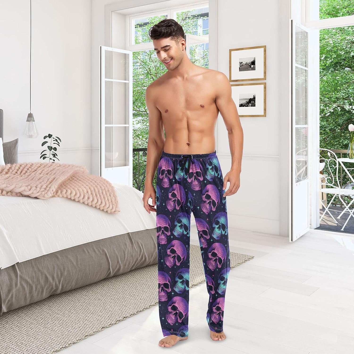 ALAZA Neo Skull Stars Men's Sleepwear Mens Pajama Pants Bottoms with Pockets, S