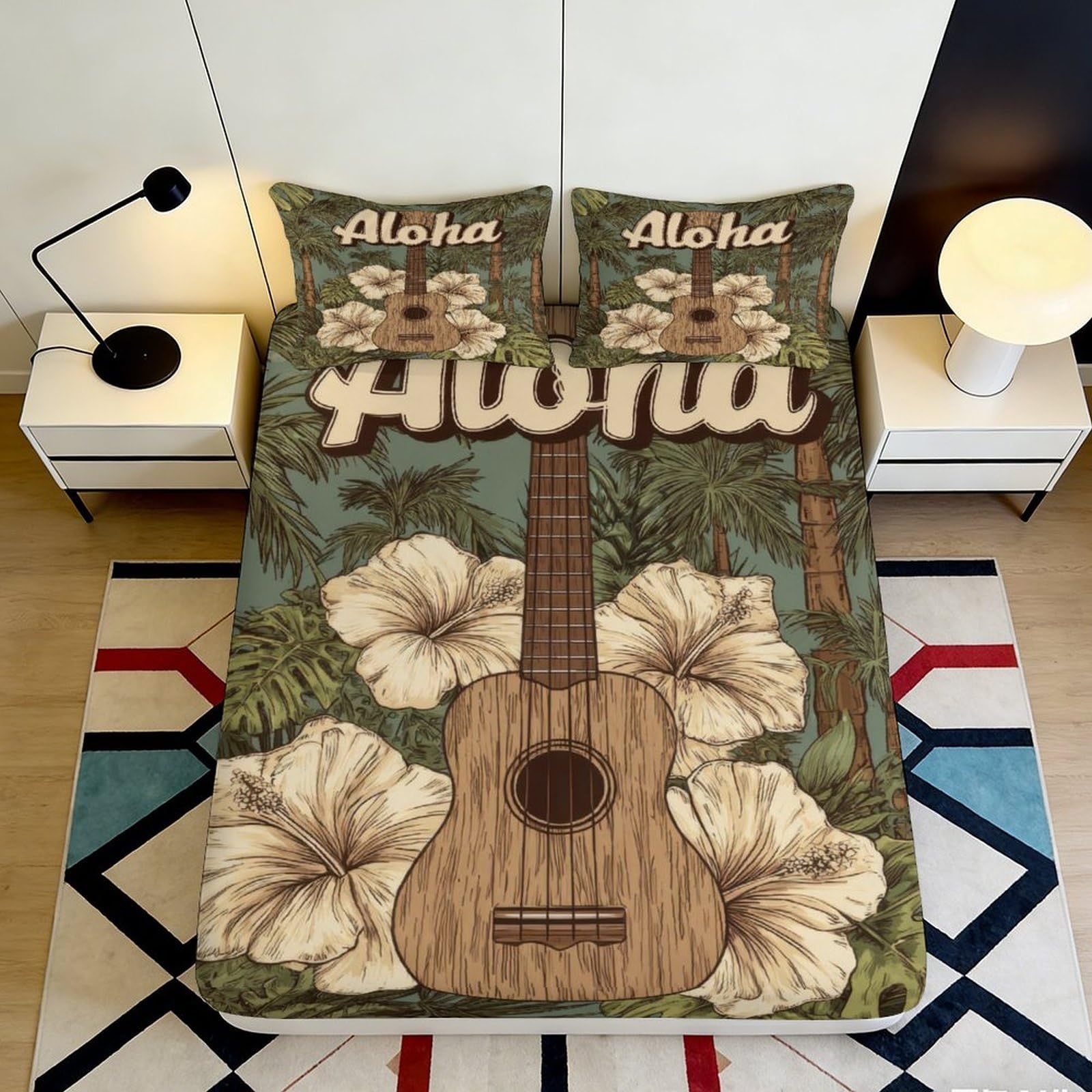 Qjzxknhpgr Style-1 3D Printed Hawaiian Guitar Fitted Sheet Microfiber Floral Hibiscus Bed Cover For Bedroom Decor Adult Youth 90X200x25cm