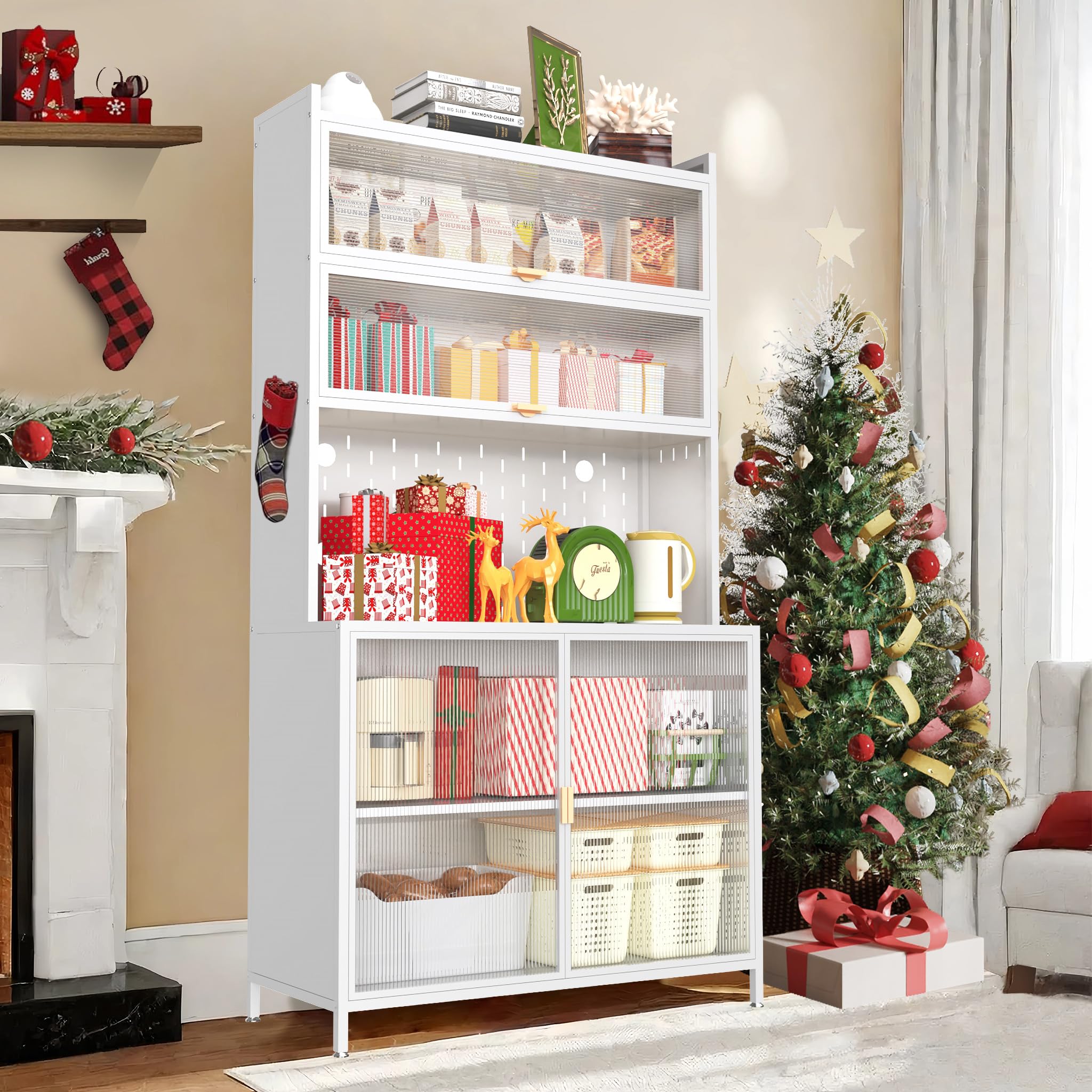 73'' Tall Kitchen Pantry Cabinet, 6 Level Flip Door with Pegboard Metal Pantry Storage Cabinet, Anti-Tip Design Hutch for Kitchen, Dining Room, Living