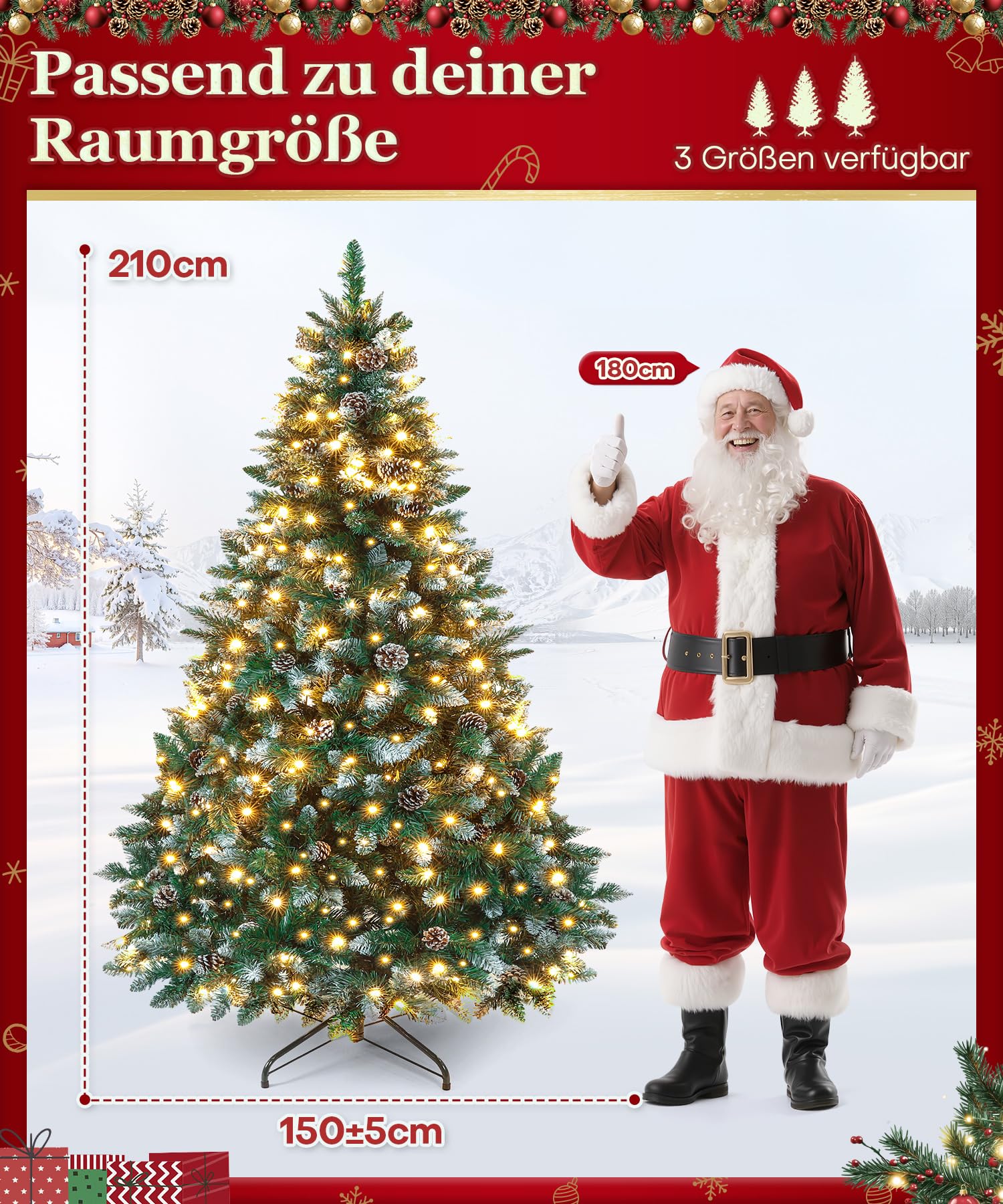 Yorbay künstlicher Weihnachtsbaum mit Beleuchtung und weißem Schnee, LED Tannenbaum für Weihnachten-Dekoration mit echten Tannenzapfen, Feuerbeständig (210CM)