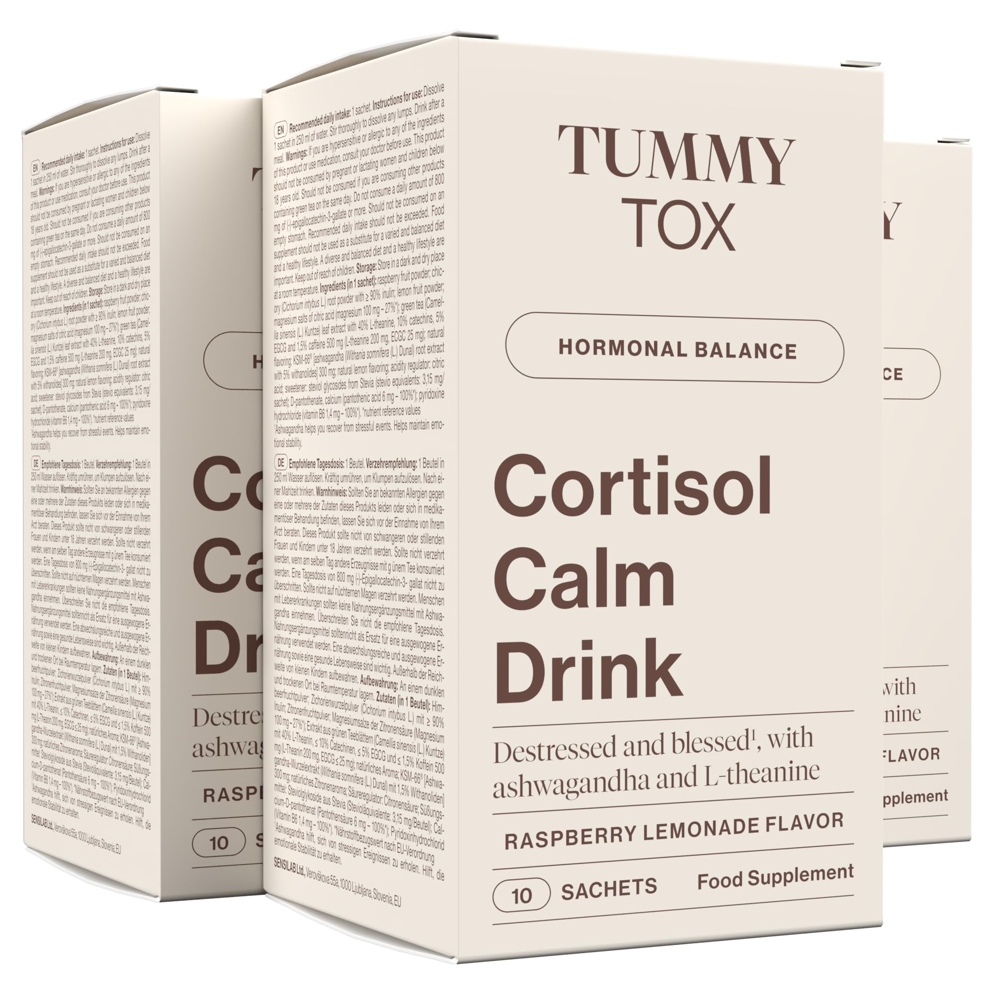 Cortisol Calm Drink con Ashwagandha KSM-66, L-Teanina, Tè Verde, Magnesio, Integratore per abbassare il cortisolo, 30 bustine, Tummy Tox