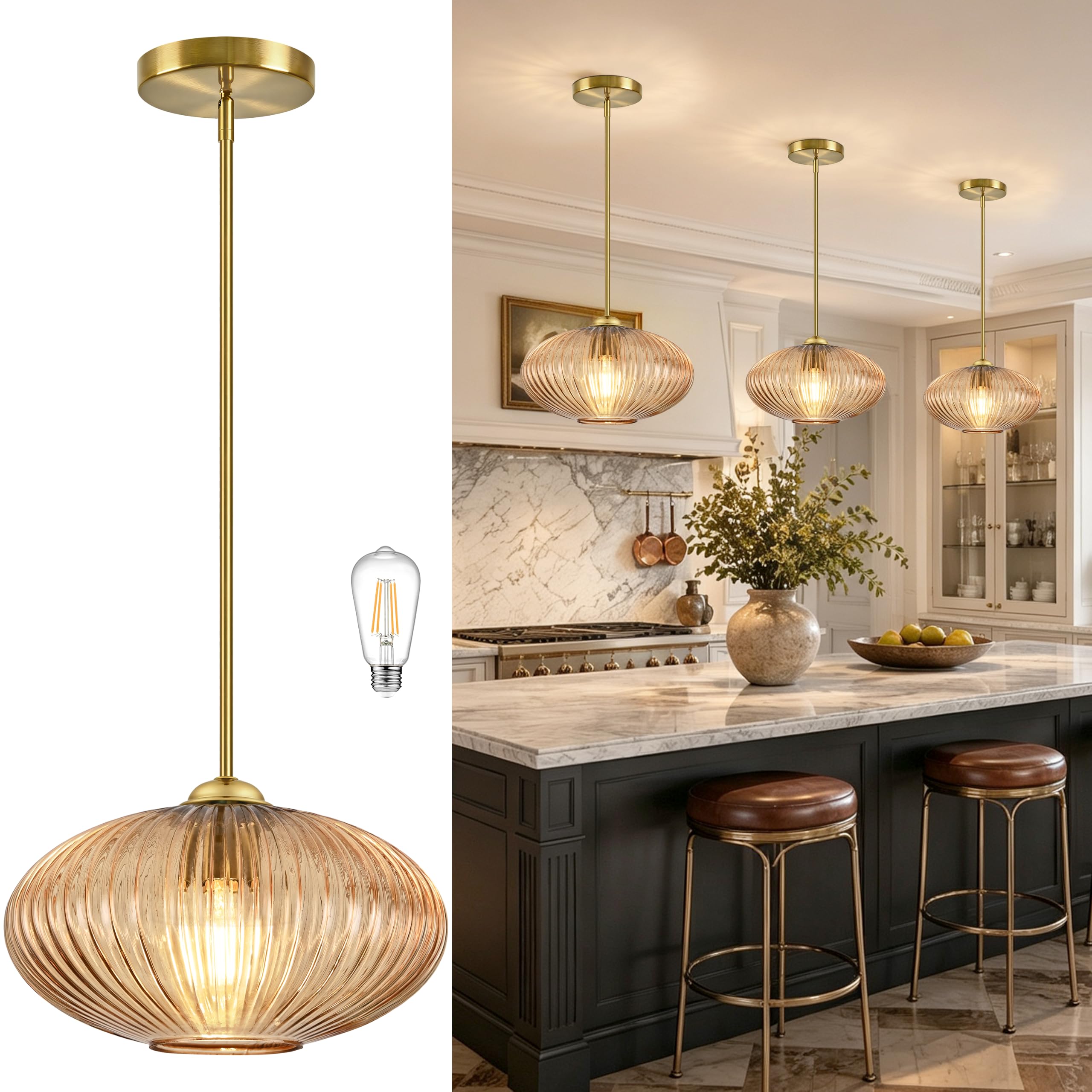 12" mid century modern pendant light amber vintage pendant lights kitchen island ribbed glass pendant light adjustable hanging pendant light for dining room bedroom (bulb included)