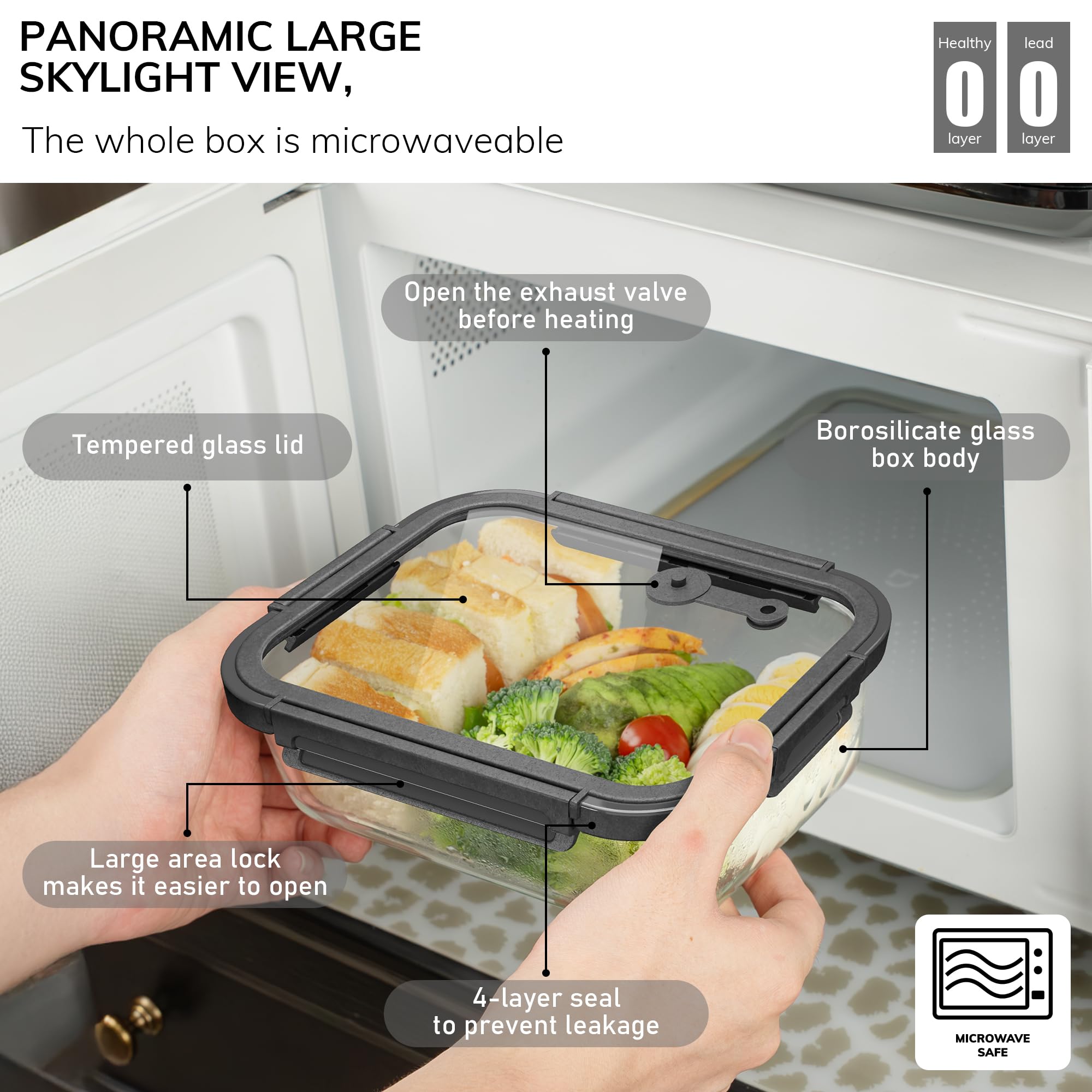 Confezione da 5 contenitori ermetici in vetro borosilicato con coperchi temperati, 997,9 g/4,4 tazze, adatti al microonde e al congelatore (grigio)