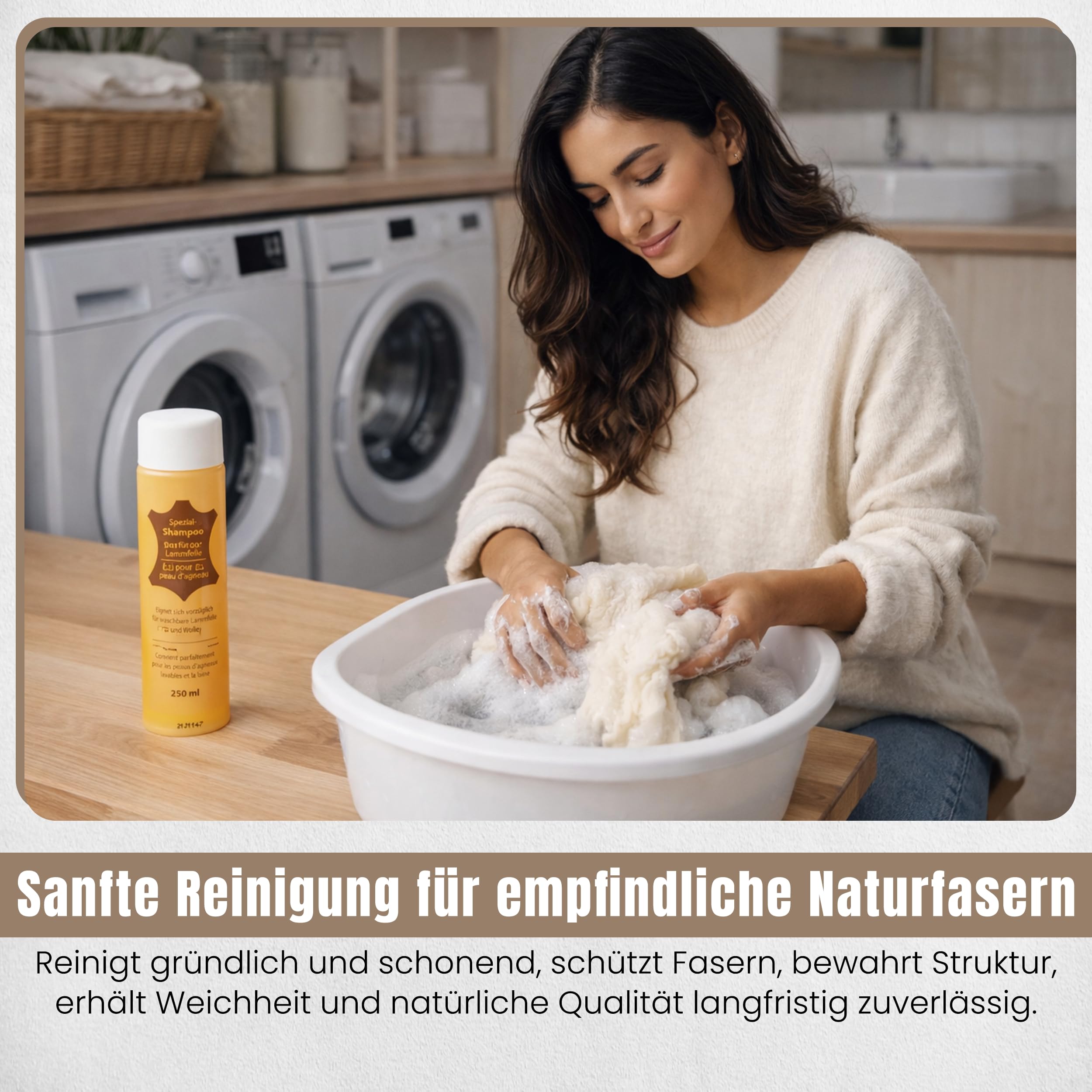 Lammfellwaschmittel | Bio-Wollwaschmittel mit Lanolin für Wolle & Lammfell | 250 ml Fellschampoo für sanfte Reinigung, Geruchsneutralisierung und Anti-Filz-Schutz | Ideal für Pelzaccessoires