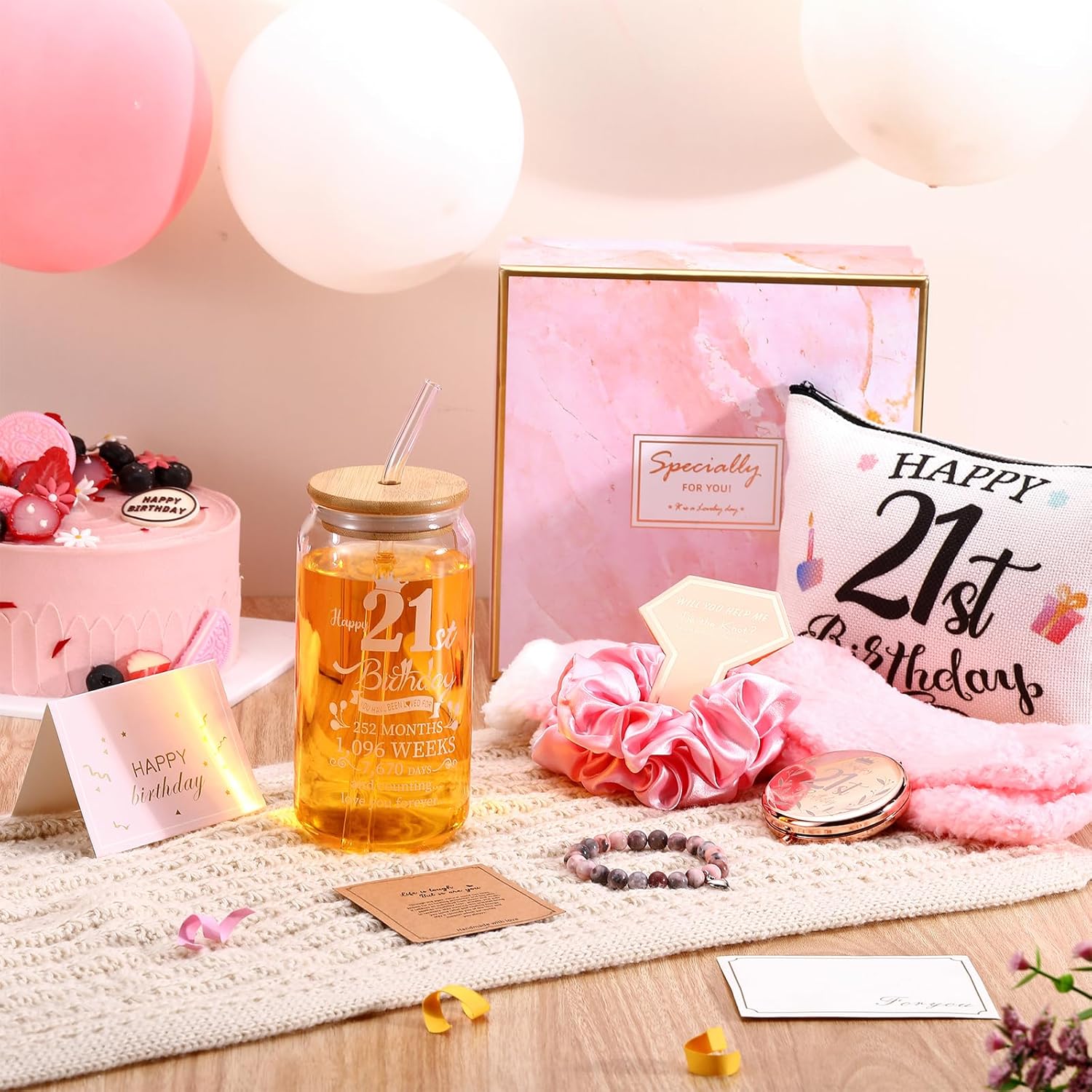 Yungyan 9 Pcs 21st Birthday Gifts for Her Bday Gift Basket with Makeup Bag 18oz Glass Cup Sock Keychain Card Mirror Bracelet Scrunchie Unique 21 Year Old Present for Women Female Daughter Born in 2005 - Image 3
