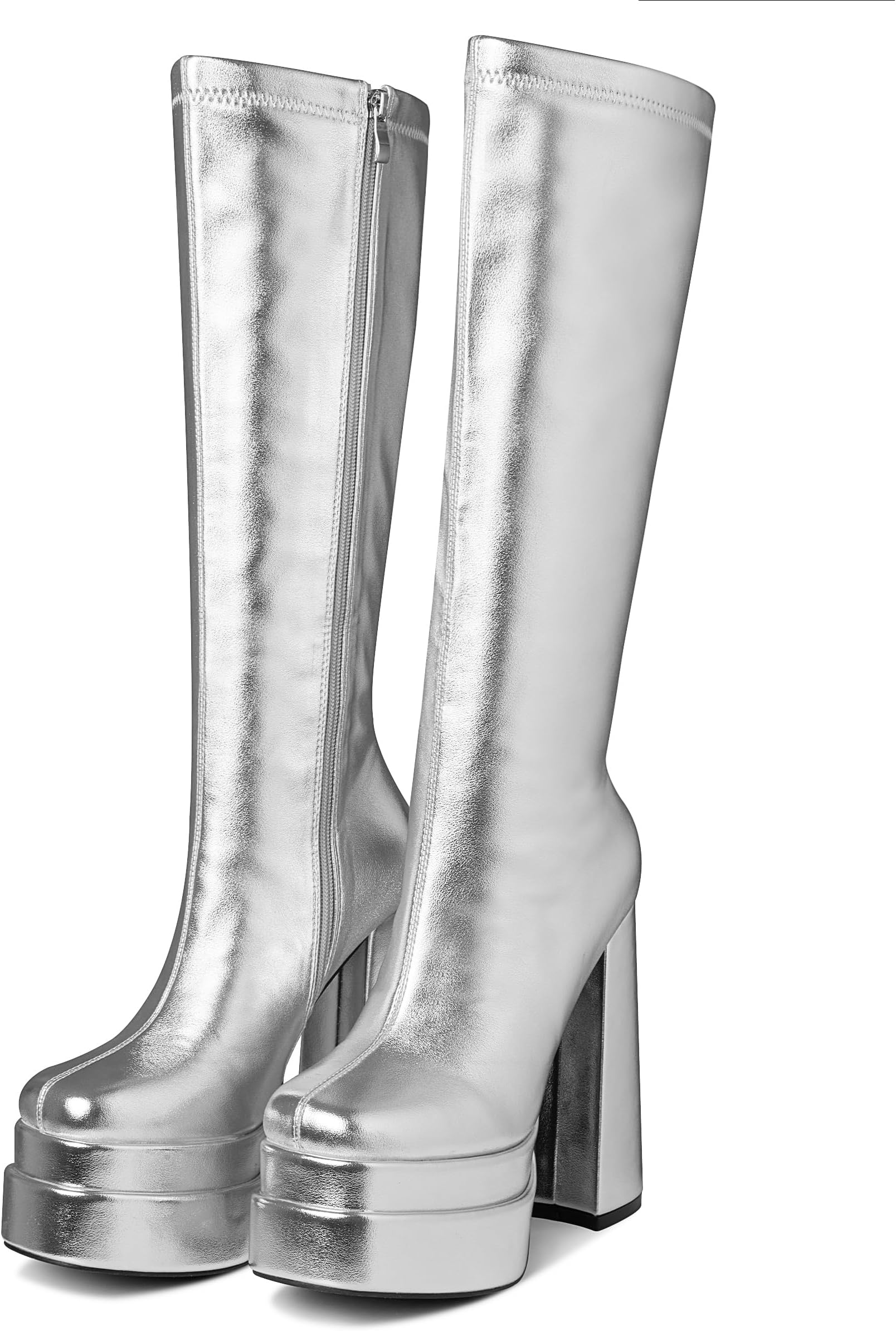 VOMIRA Platform Boots for Women Square Toe Chunky High Heels Platform GoGo Boots Side Zipper Stretch Knee High Boots