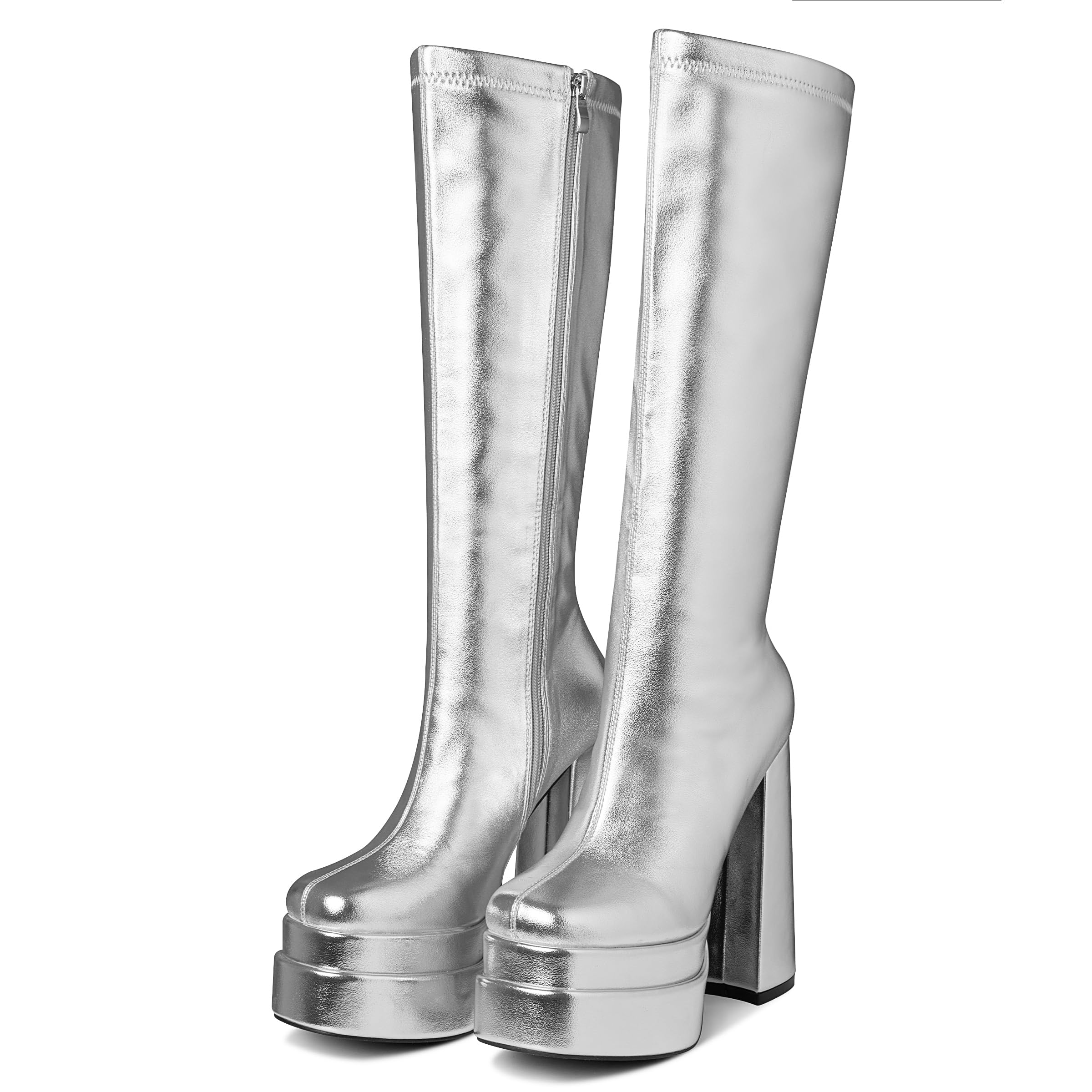 VOMIRA Platform Boots for Women Square Toe Chunky High Heels Platform GoGo Boots Side Zipper Stretch Knee High Boots