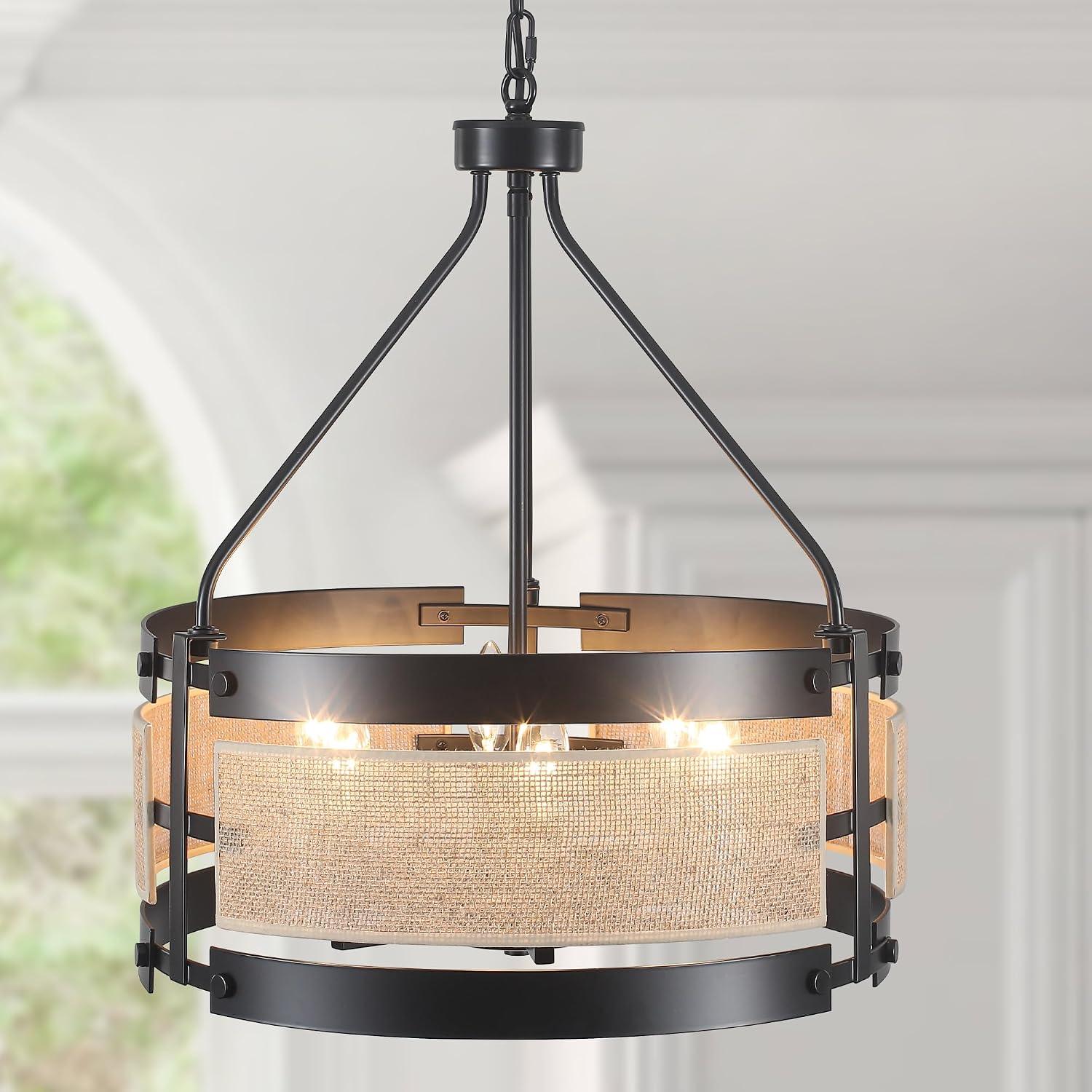 6 Light Rattan Drum Chandelier for Dining Room,18.89 in Black Farmhouse Boho Chandeliers Modern Light Fixtures for Kitchen Island Kitchen Bedroom Foyer Entryway