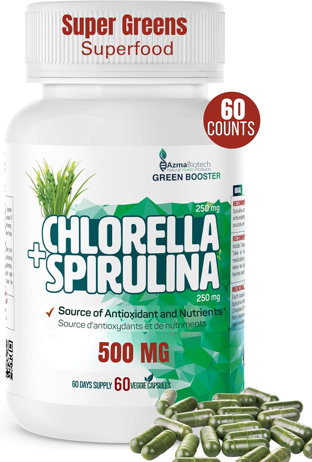 Spirulina & Chlorella Supplement Super Greens Superfood 60 Vegan Hard 500 mg Capsules Packed