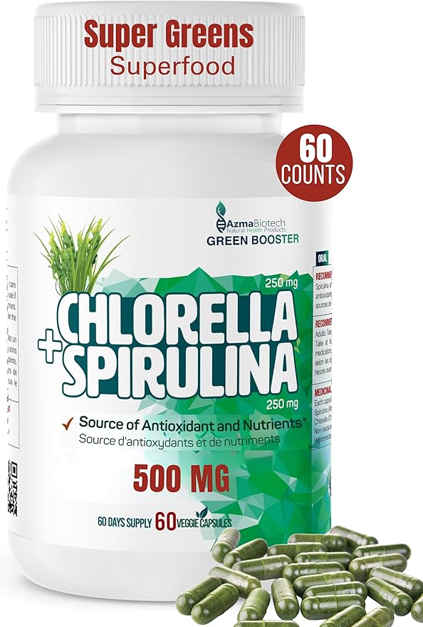 Spirulina & Chlorella Supplement Super Greens Superfood 60 Vegan Hard 500 mg Capsules Packed