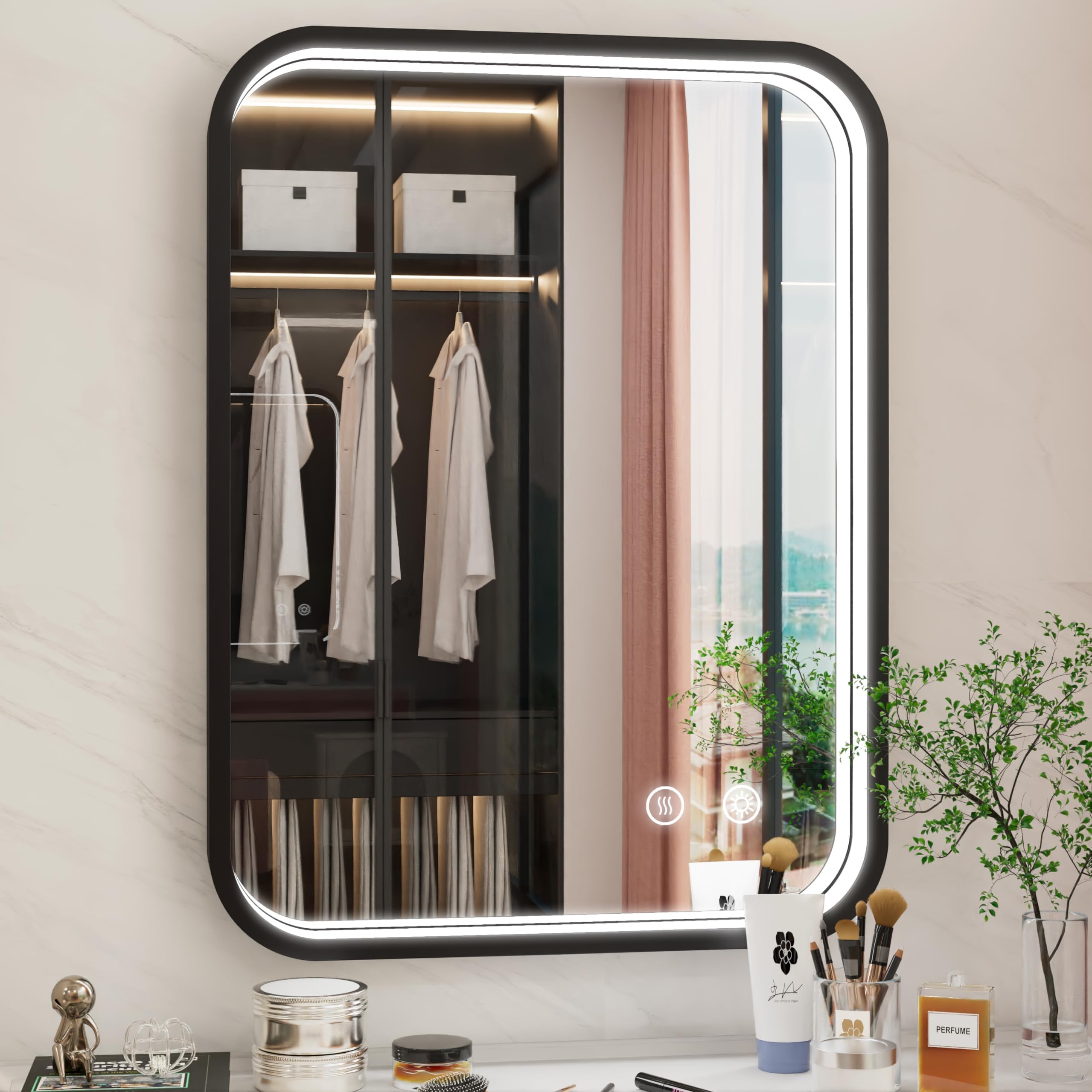 24x32 Inch Black LED Mirror for Bathroom with Lights, 3000K/4500K/6000K, Wall Mounted Lighted Bathroom Vanity Mirrors, Stepless Dimmable, Memory Funtiom, Anti-Fog, Horizontal/Vertical